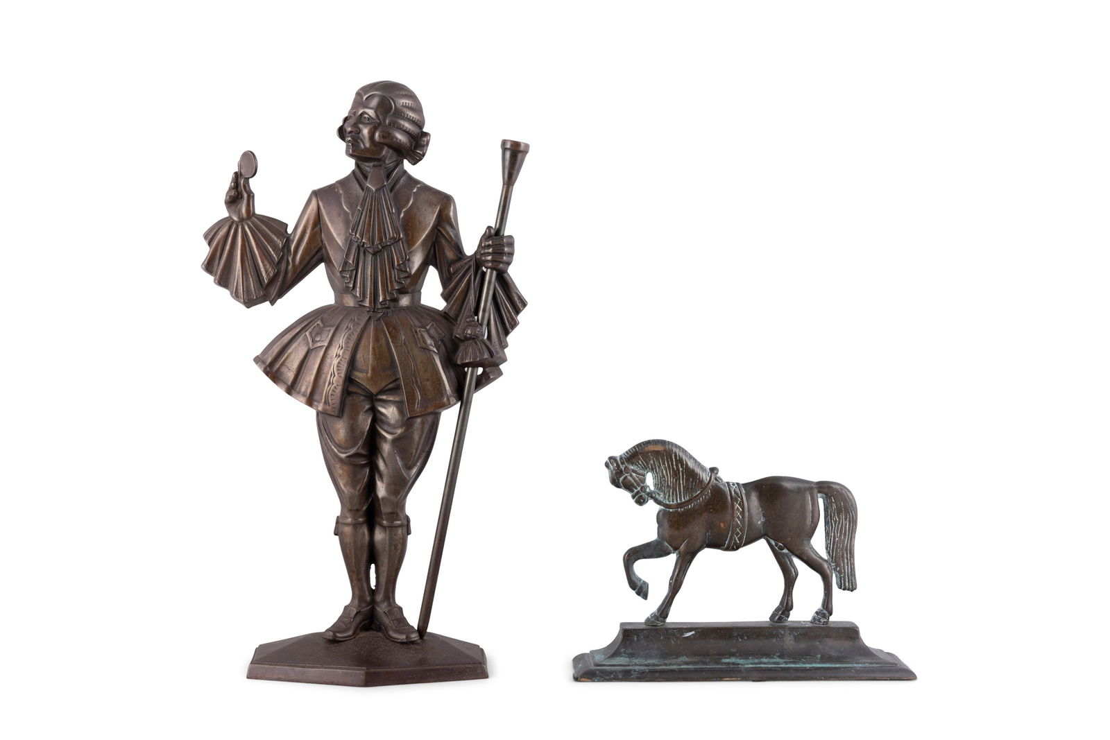A LARGE BRONZED FIGURAL DOORSTOP, CIRCA 1930'S, 57cm high together with; a bronze doorstop: A LARGE BRONZED FIGURAL DOORSTOP, CIRCA 1930'S, 57cm high together with; a bronze doorstop modelled as a striding horse, 23cm high, 32cm wide (2)