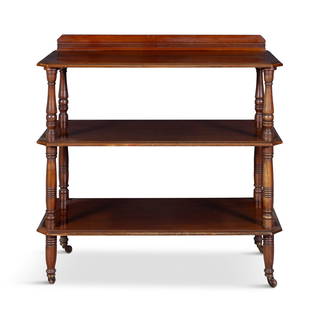 A VICTORIAN MAHOGANY THREE-TIER DUMBWAITER, of rectangular form, with raised gallery back, each: A VICTORIAN MAHOGANY THREE-TIER DUMBWAITER, of rectangular form, with raised gallery back, each tier with angled corners on turned column supports and castors, 107cm, 108cm wide, 52cm deep
