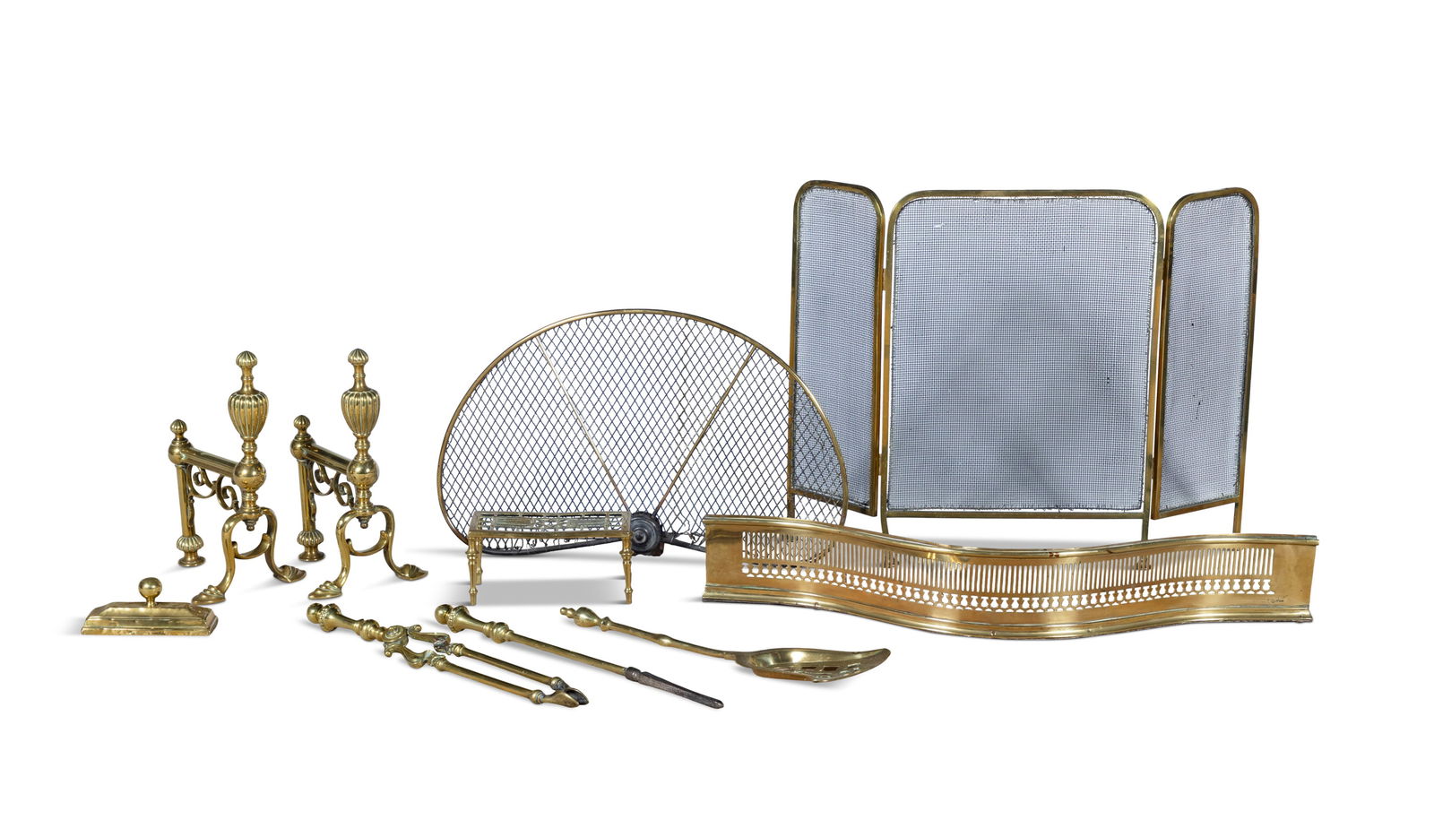 A COLLECTION OF POLISHED BRASS FIRE PLACE IMPLEMENTS, comprising a pair of Victorian andirons: A COLLECTION OF POLISHED BRASS FIRE PLACE IMPLEMENTS, comprising a pair of Victorian andirons (firedogs), a poker, tongs and shovel, two wirework spark guards, trivet, door stop, and small serpentine