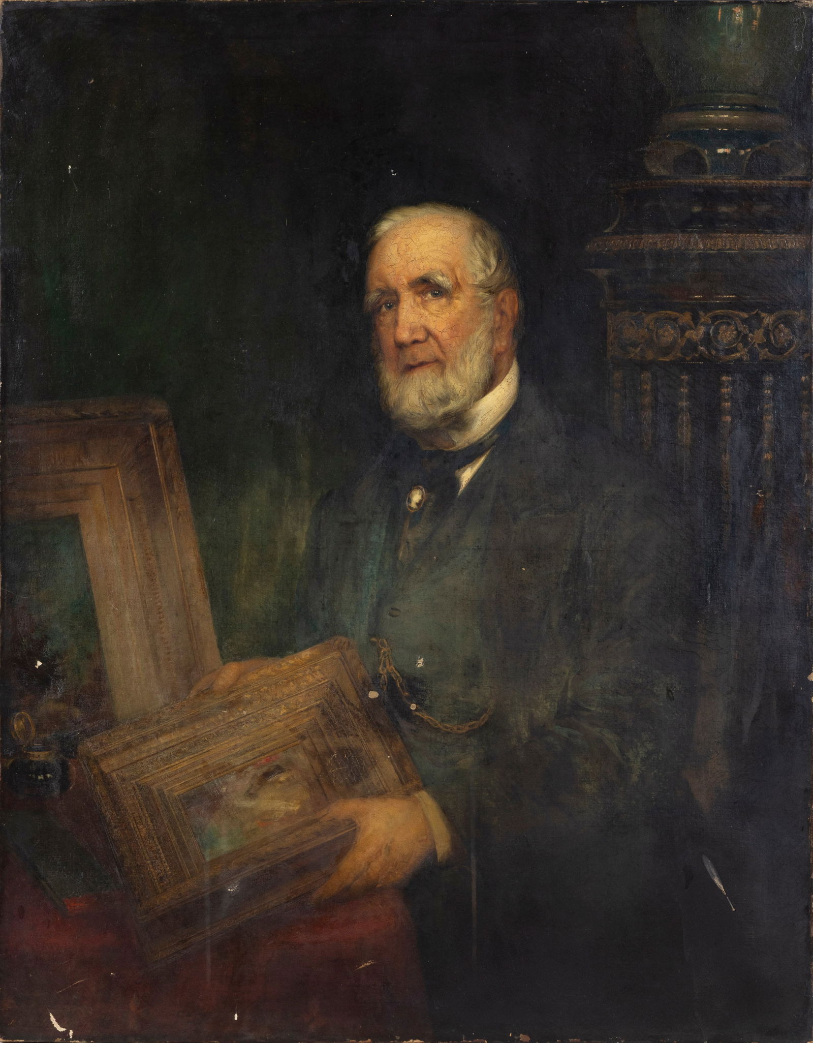 AUGUSTUS EDWIN MULREADY (1844 - 1904) Portrait of a Gentleman holding a painting Oil on canvas,: AUGUSTUS EDWIN MULREADY (1844 - 1904) Portrait of a Gentleman holding a painting Oil on canvas, 130 x 102cm Signed 'A E Mulready' and dated '1879' lower left Inscribed verso 'No. 1 A Portrait by Aug.
