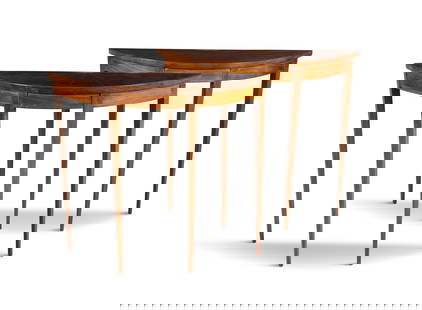 A NEAR PAIR OF INLAID MAHOAGNY SEMI-ELLIPTICAL SIDE TABLES, CIRCA 1900, of small proportions, the: A NEAR PAIR OF INLAID MAHOAGNY SEMI-ELLIPTICAL SIDE TABLES, CIRCA 1900, of small proportions, the shaped tops inlaid with conch shell and radial segments, on squared legs, 66cm high, 74cm wide, 21cm d