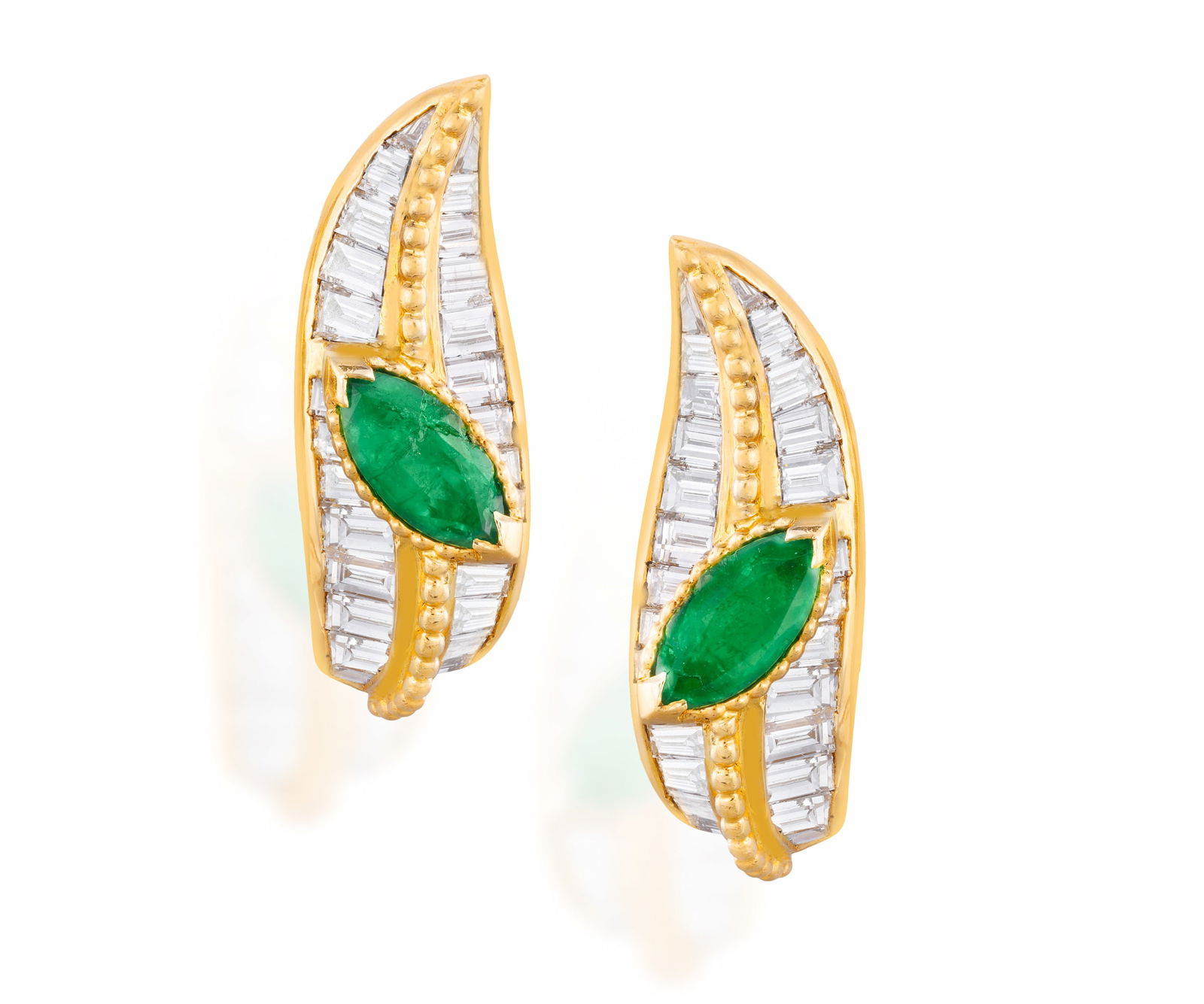TIFFANY & CO. : A PAIR OF EMERALD AND DIAMOND EARRINGS Each set with a marquise-shaped emerald at: TIFFANY & CO. : A PAIR OF EMERALD AND DIAMOND EARRINGS Each set with a marquise-shaped emerald at the centre within ropetwist detailing and between tapered baguette-cut diamond borders, mounted in 18K