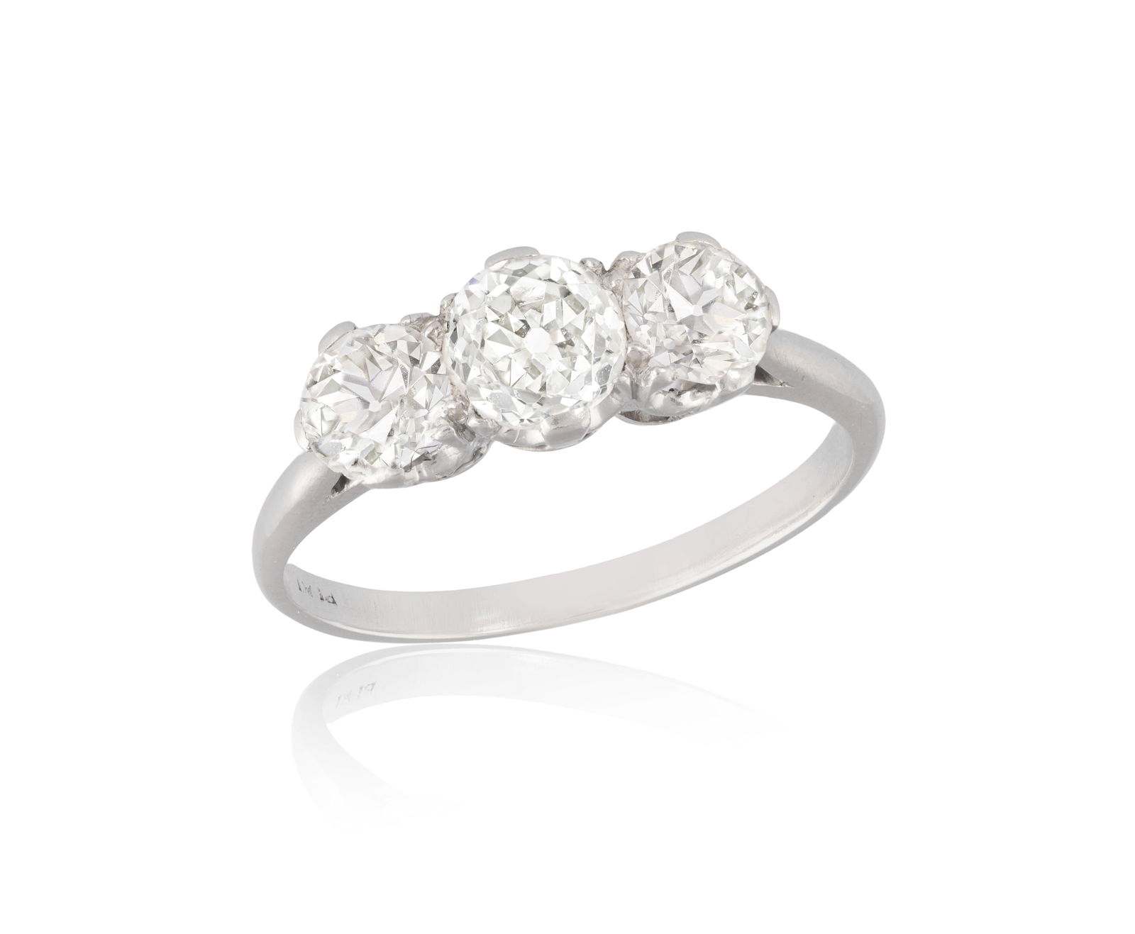 A DIAMOND THREE-STONE RING  Composed of an old brilliant-cut diamond at the centre, between two (1 of 2)
