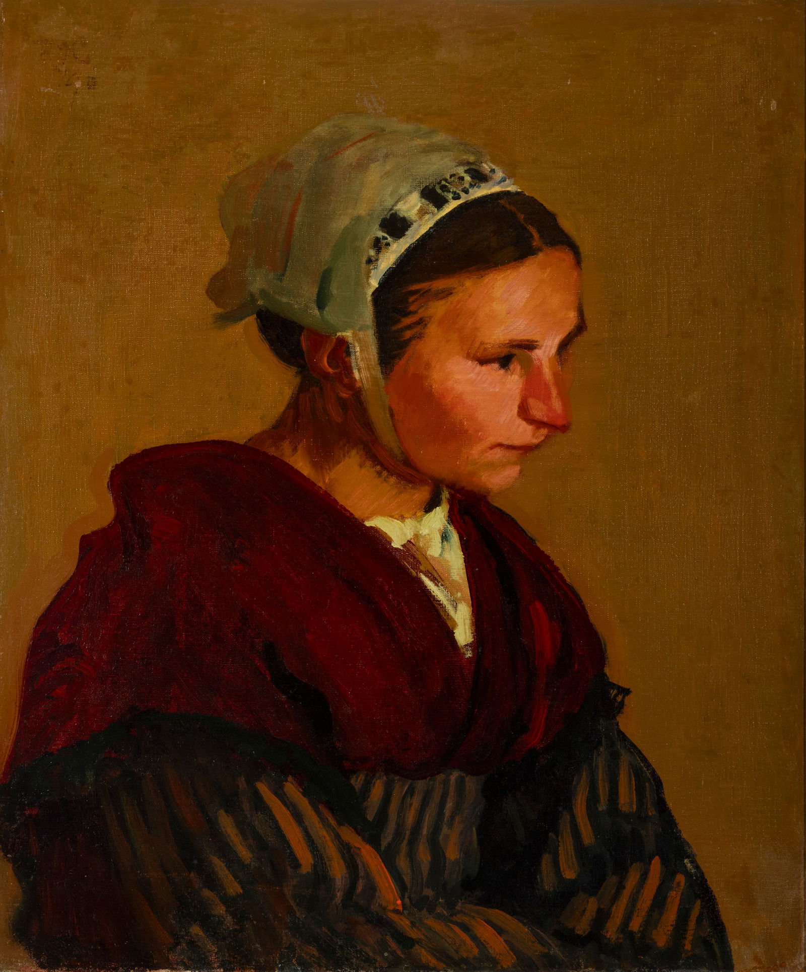 Roderic O’Conor (1860-1940) Breton Girl in a Red Shawl (1896) Oil on canvas 54 x 43.8 cm Signed: Roderic O’Conor (1860-1940) Breton Girl in a Red Shawl (1896) Oil on canvas 54 x 43.8 cm Signed top left: ‘ROC ‘96’; (stamped atelier O'CONOR on reverse of original unlined canvas, now unseen)