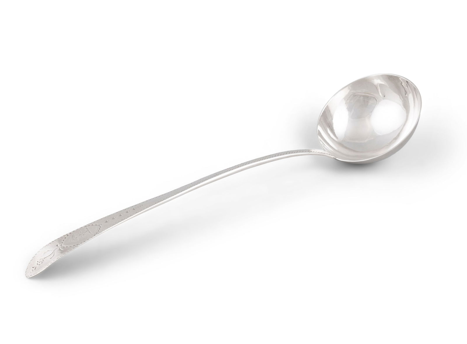 AN IRISH SILVER BRIGHT-CUT POINT SOUP LADLE, Dublin 1800, maker's mark of William Ward, crested: AN IRISH SILVER BRIGHT-CUT POINT SOUP LADLE, Dublin 1800, maker's mark of William Ward, crested handle, engraved with initials 'I.S.D', (5.9 troy ozs). 37cm long