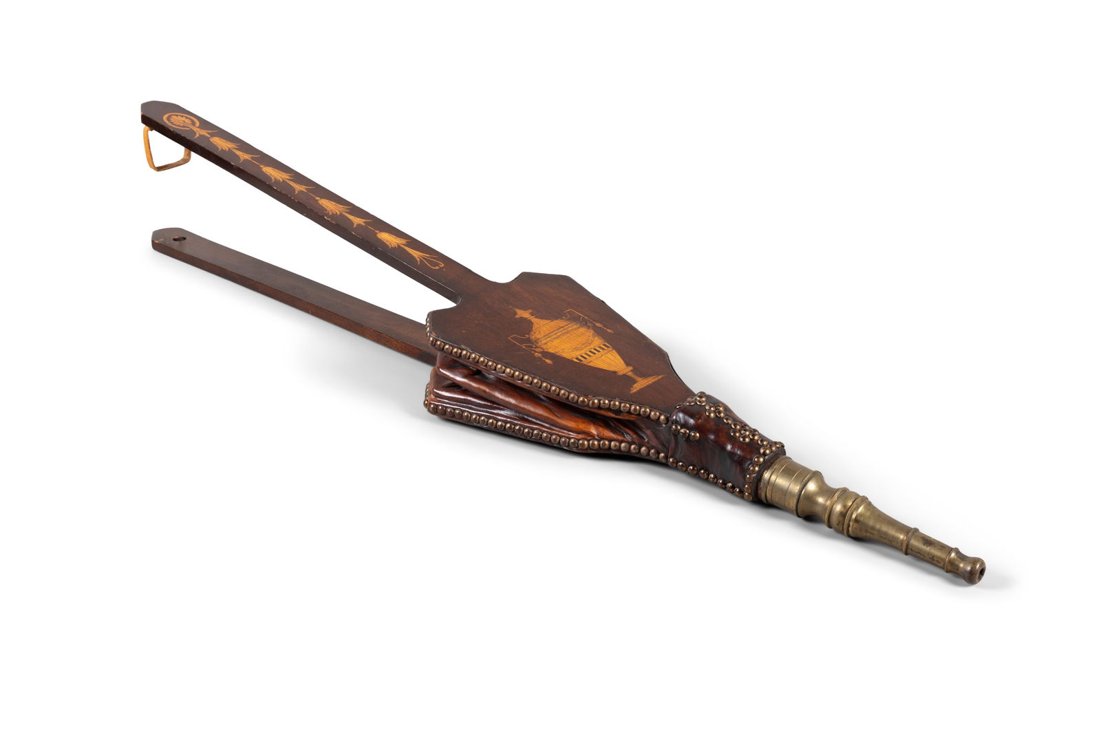AN INLAID WOOD AND LEATHER FIRESIDE BELLOWS, 19TH CENTURY the long handles decorated with: AN INLAID WOOD AND LEATHER FIRESIDE BELLOWS, 19TH CENTURY the long handles decorated with bellflowers, the shield shaped panel inlaid with an urn, 120cm long