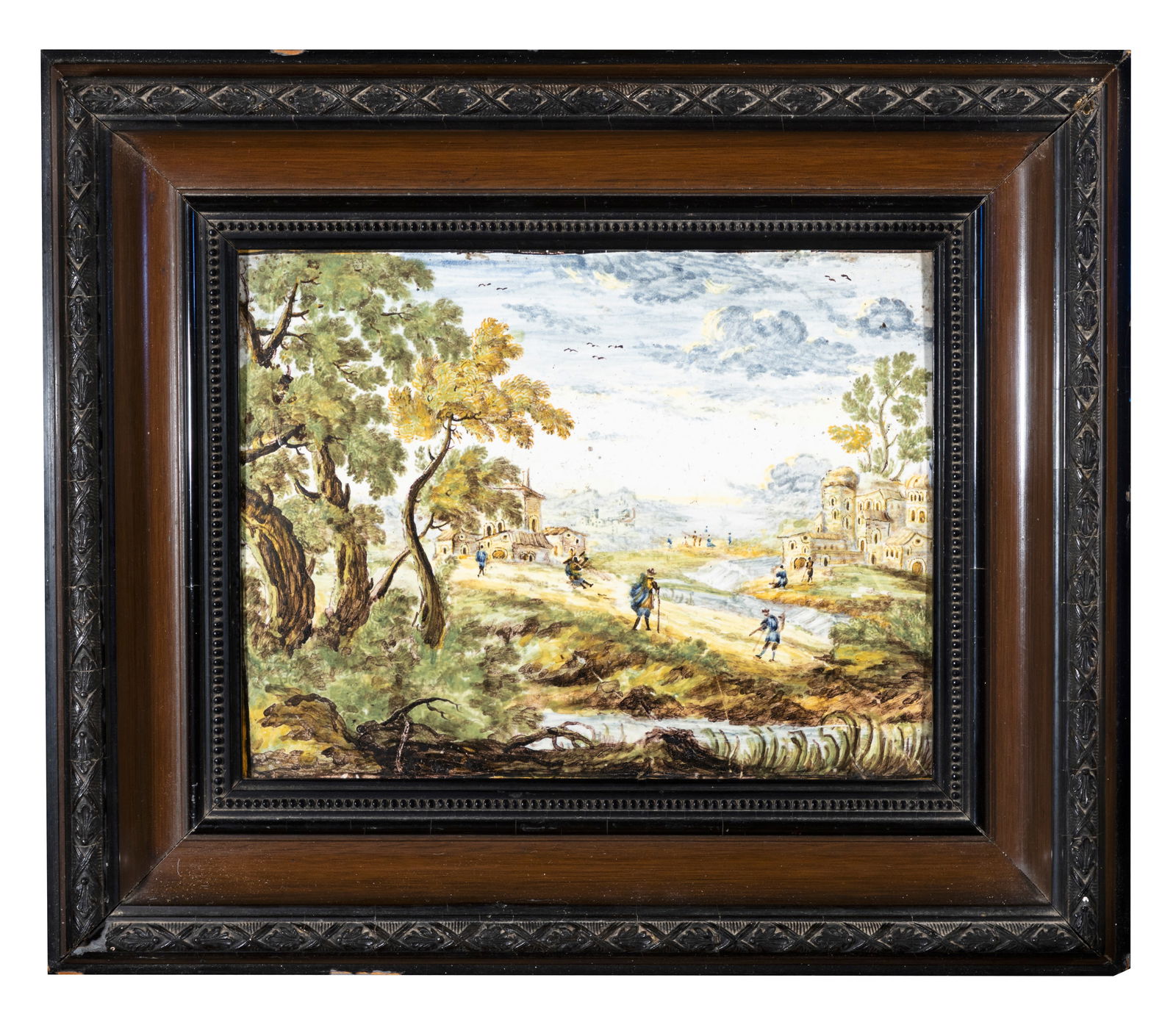 AN ITALIAN FAIENCE GLAZED LANDSCAPE PANEL PROBABLY CASTELLI, 18TH CENTURY   painted with figures (1 of 4)