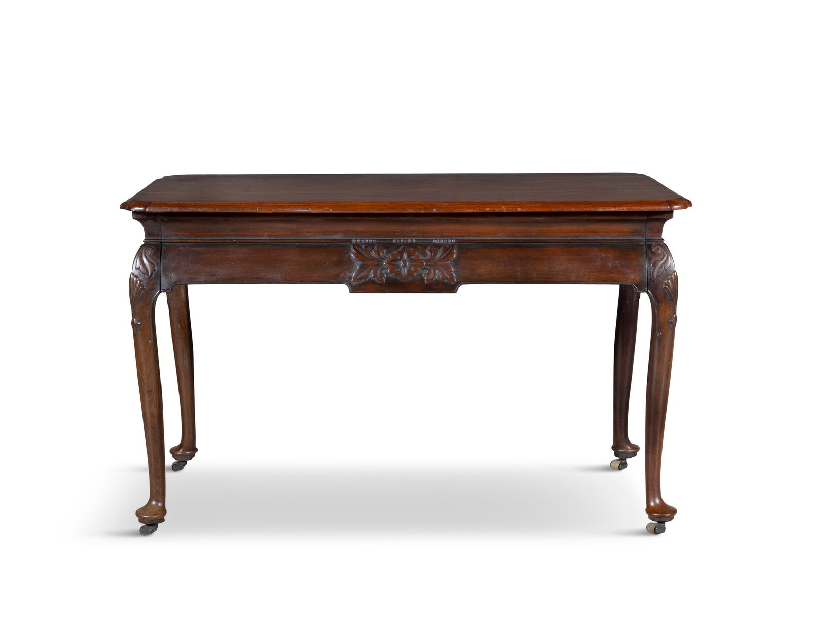 A GEORGE III MAHOGANY SIDE TABLE the associated rectangular top on a cavetto frieze with pull-out: A GEORGE III MAHOGANY SIDE TABLE the associated rectangular top on a cavetto frieze with pull-out drawer and centred by a carved rosette medallion on foliate and shell carved cabriole legs with pad fe