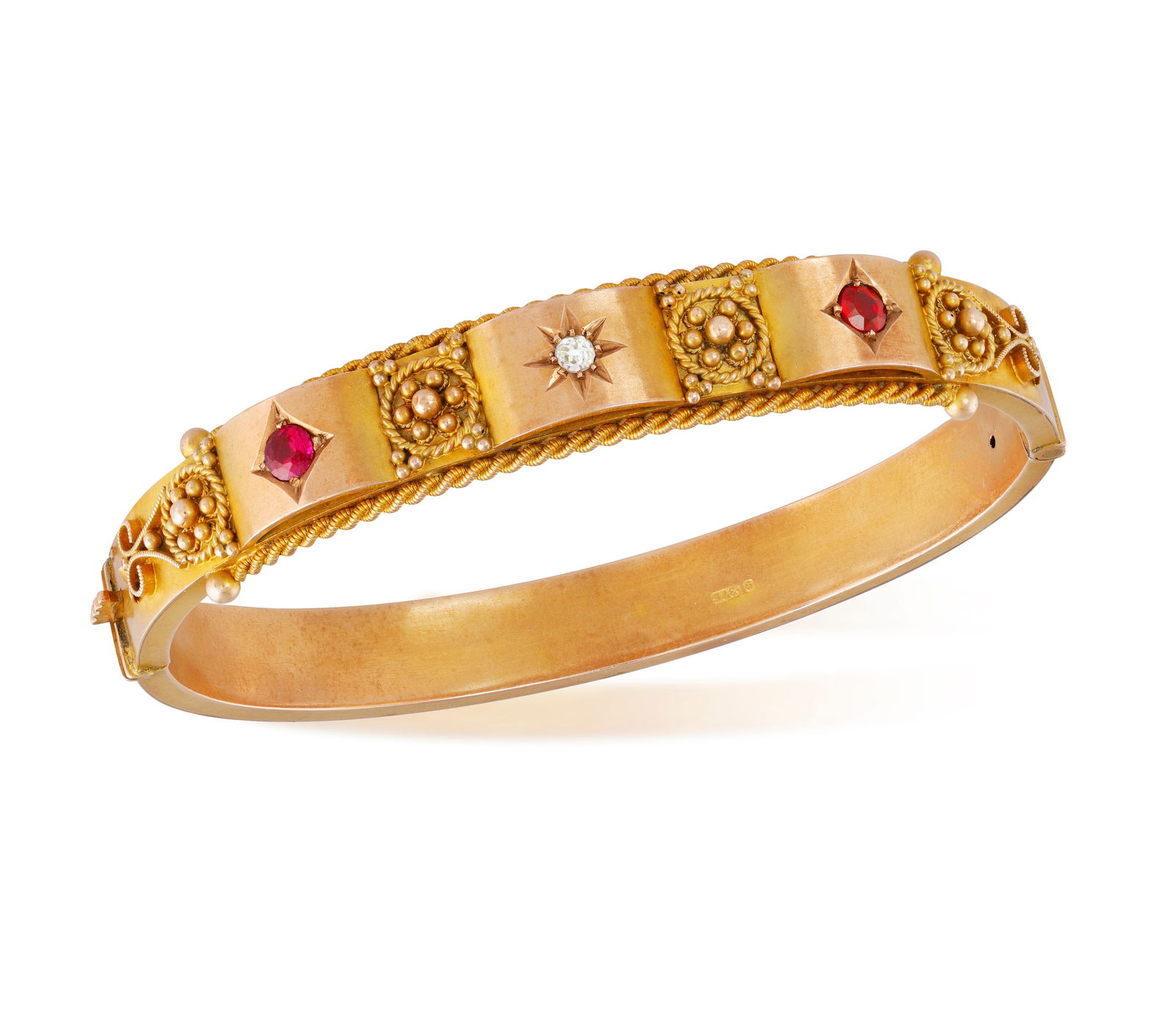 AN EARLY 20TH CENTURY RUBY AND DIAMOND BANGLE   The hinged bangle set to the front with three curved (1 of 2)