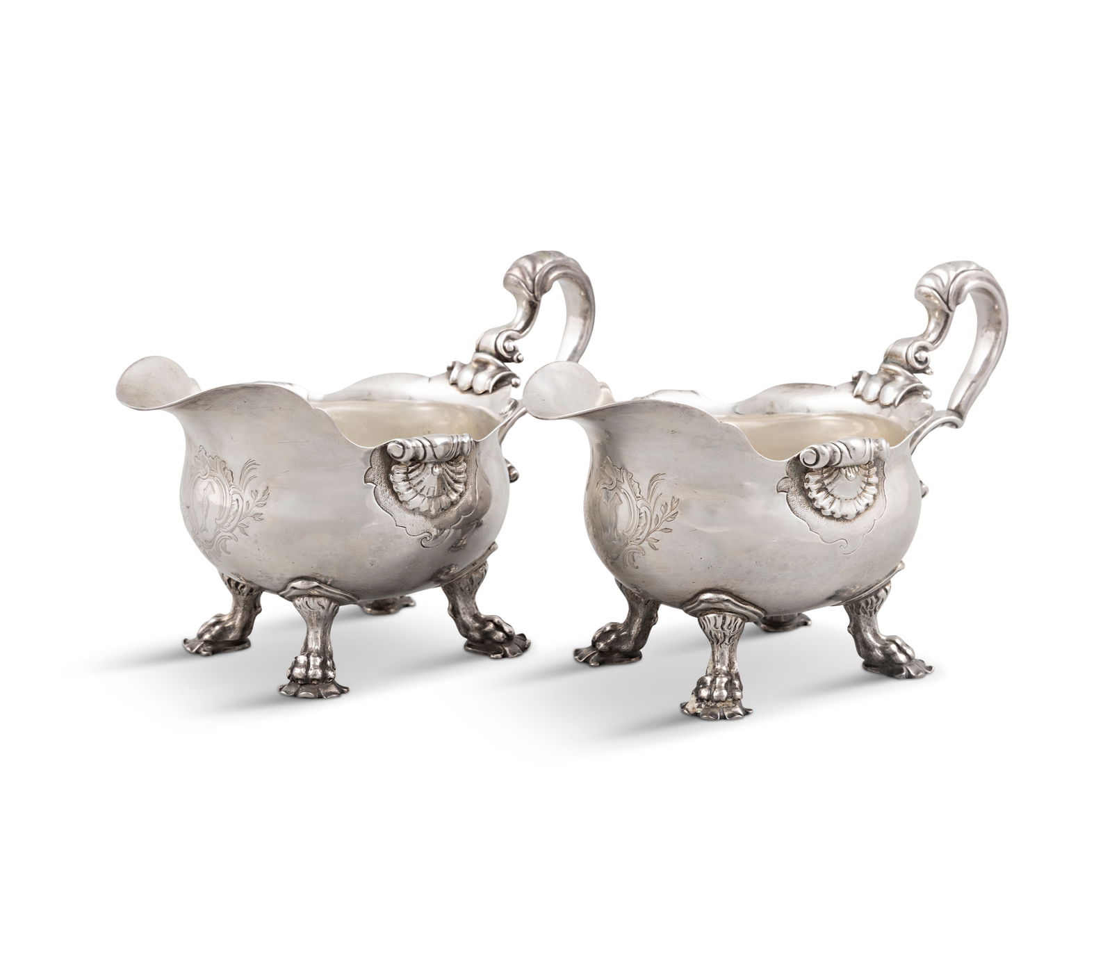 A RARE PAIR OF GEORGE II SILVER SAUCE BOATS BY PAUL DE LAMERIE (1688-1751),   London 1741, (1 of 7)