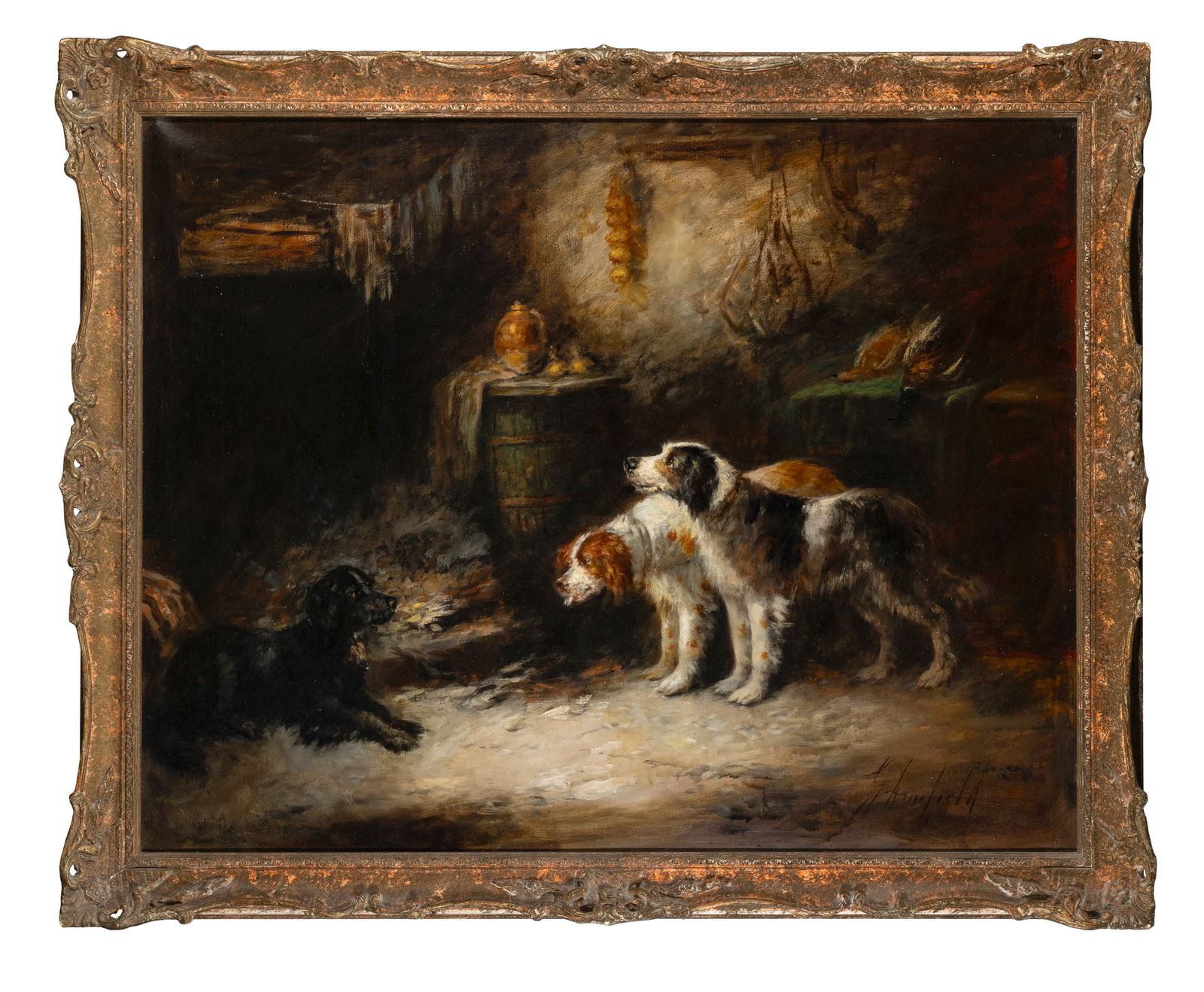 GEORGE ARMFIELD (1808–1893) Three Spaniels after the hunt Oil on canvas, 62 x 80cm Signed: GEORGE ARMFIELD (1808–1893) Three Spaniels after the hunt Oil on canvas, 62 x 80cm Signed