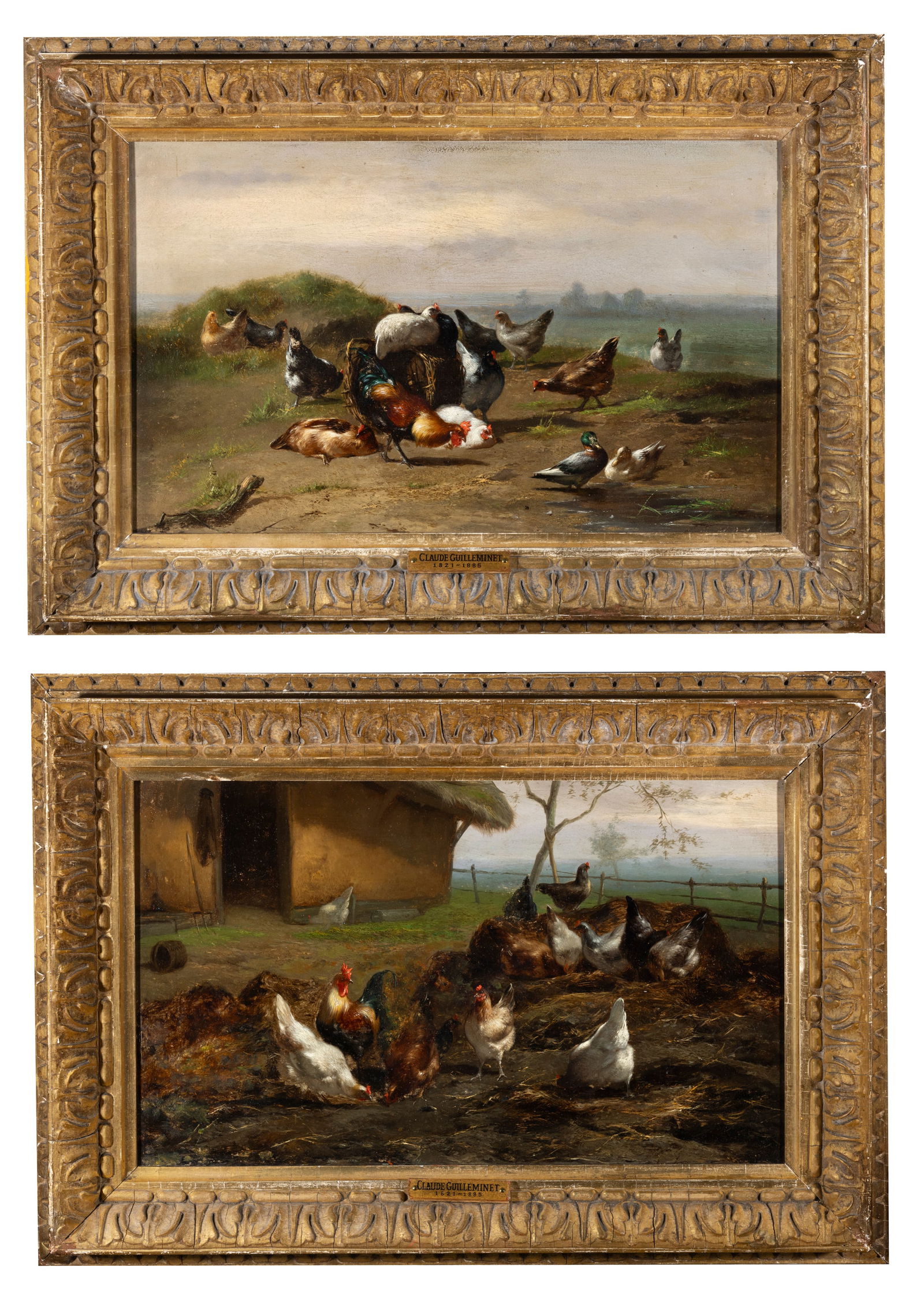 CLAUDE GUILLEMINET (FRENCH, 1821–1885) Chickens in Farmyards A pair, oil on panel, 23 x 38cm: CLAUDE GUILLEMINET (FRENCH, 1821–1885) Chickens in Farmyards A pair, oil on panel, 23 x 38cm