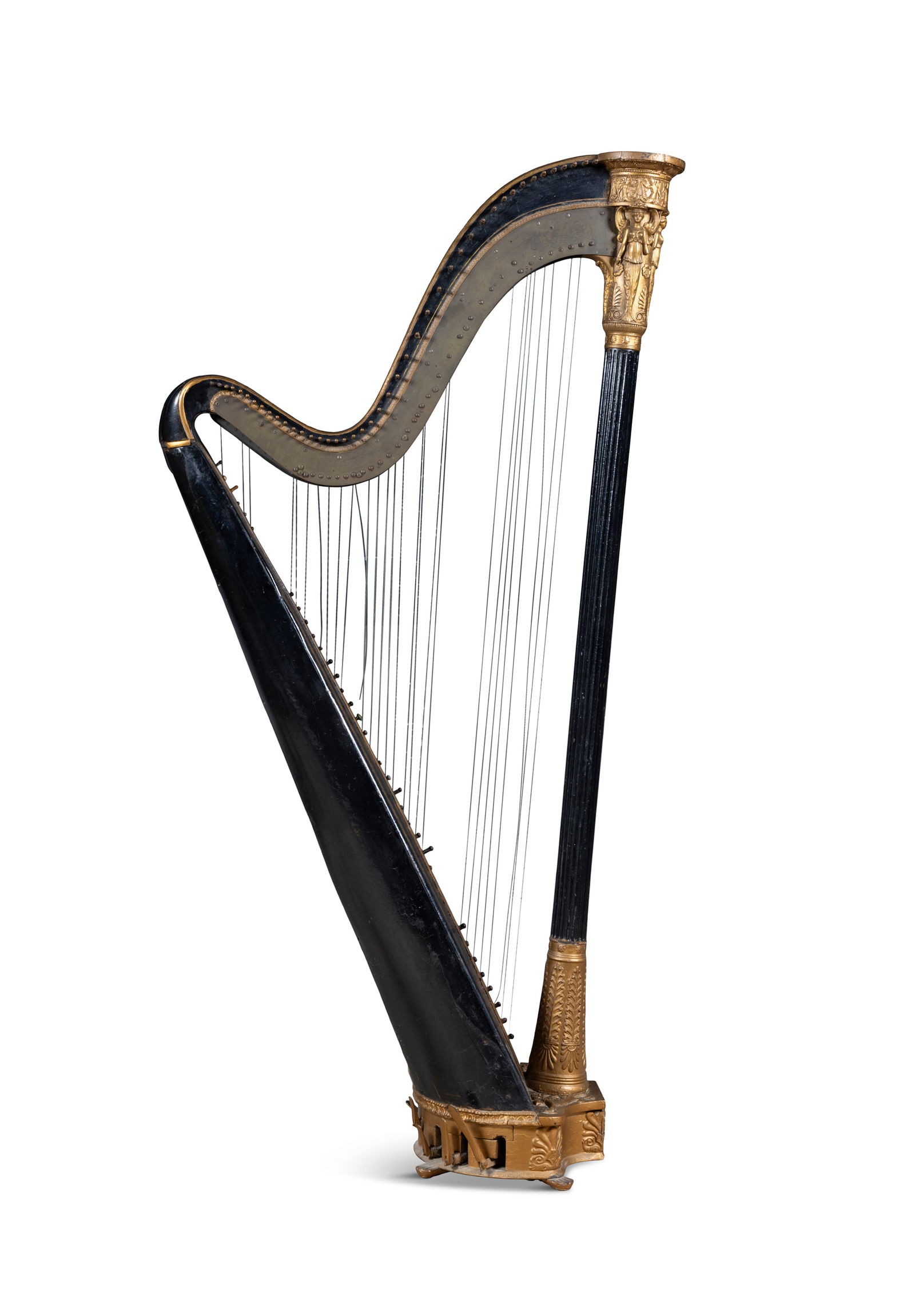 AN EBONISED, BRASS AND CARVED GILTWOOD SALON HARP BY SÉBASTIEN ÉRARD (1752-1831) with: AN EBONISED, BRASS AND CARVED GILTWOOD SALON HARP BY SÉBASTIEN ÉRARD (1752-1831) with Royal Patent inscribed on the brass frame, 'Sebastien Erard, 18 Great Marlborough Street, London', paint