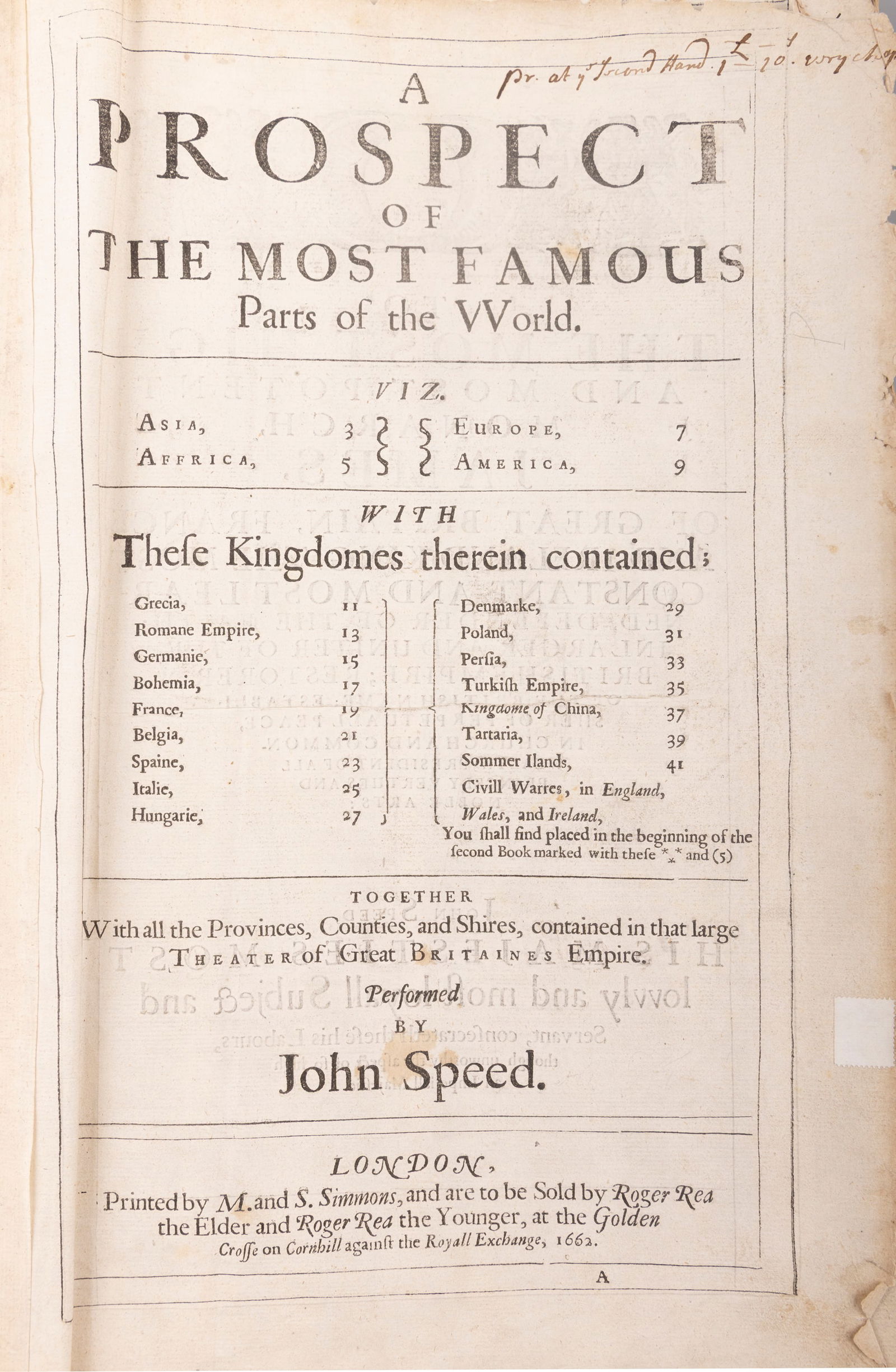 SPEED, JOHN (1551/52 - 1629)   A Prospect of the Most Famous Parts of the World..together with all (1 of 20)