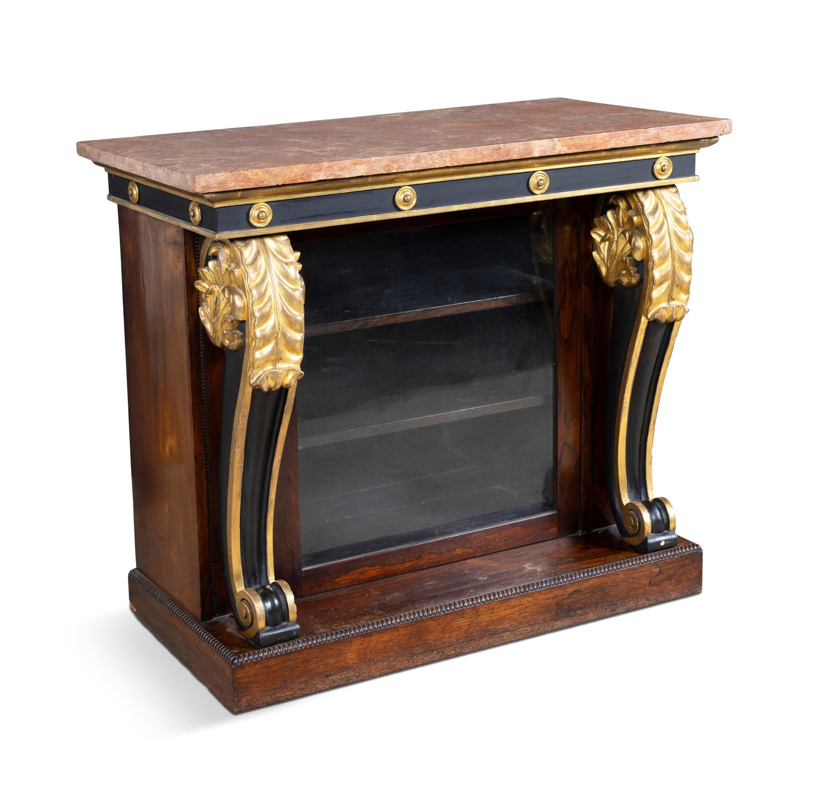 A REGENCY ROSEWOOD GILTWOOD AND EBONISED CONSOLE CABINET,   the rectangular pink marble top, above (1 of 6)