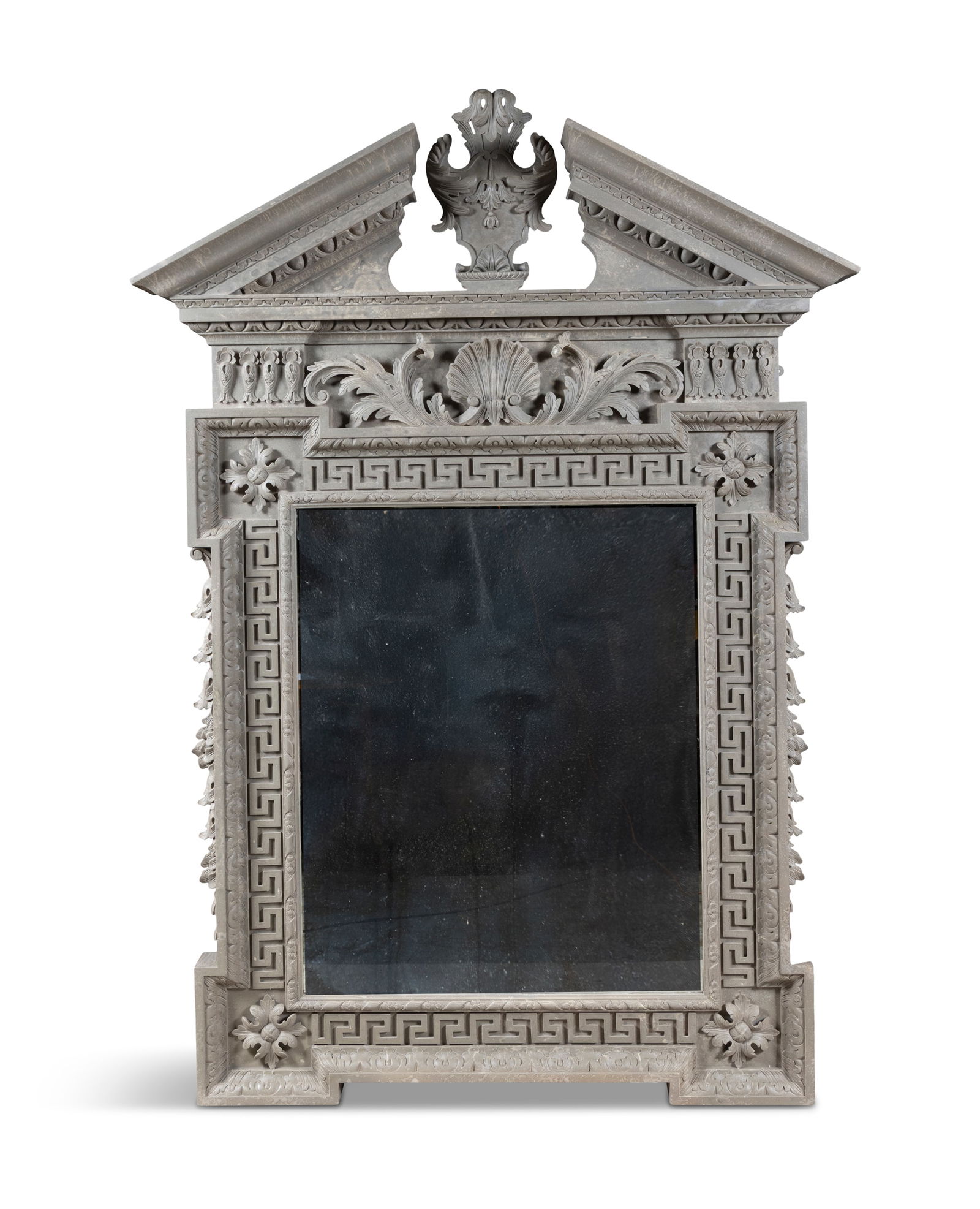A GEORGE II STYLE PIER MIRROR AFTER DESIGN BY WILLIAM KENT with pedimented and crested top, the: A GEORGE II STYLE PIER MIRROR AFTER DESIGN BY WILLIAM KENT with pedimented and crested top, the rectangular glass plate within a carved Greek key border with rosettes and outset corners. 211cm high, 1