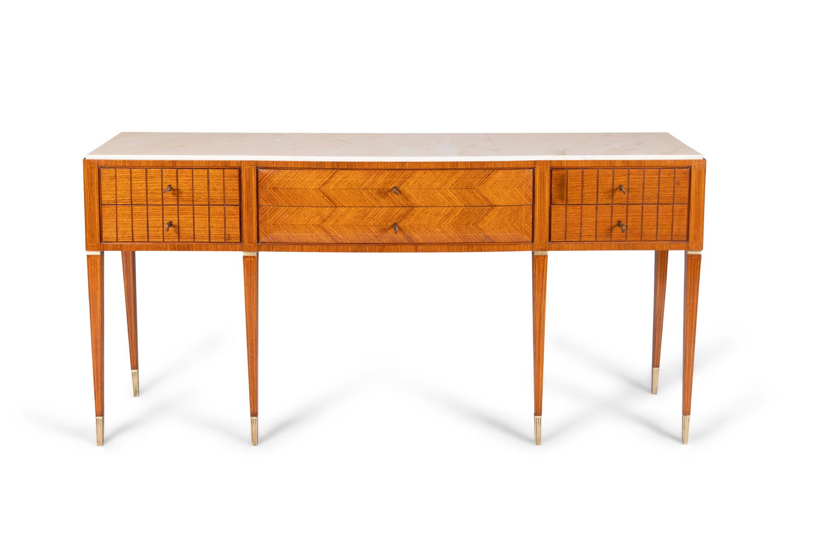 SIDEBOARD  A rosewood sideboard with marble top and six drawers with brass detailing. Italy, c.1950. (1 of 6)