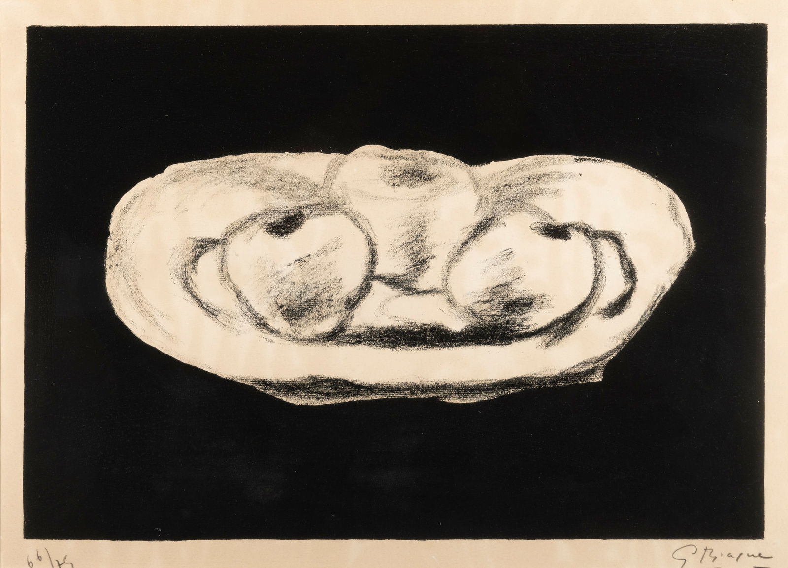 GEORGES BRAQUE (1882-1963) Still life study of three apples Lithograph, 34.6 x 50.2cm Signed and: GEORGES BRAQUE (1882-1963) Still life study of three apples Lithograph, 34.6 x 50.2cm Signed and numbered 66/75