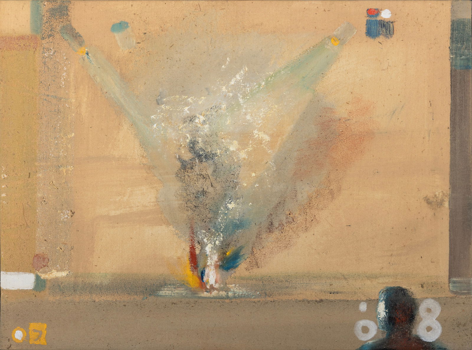 MERLIN JAMES (B.1960) Fire on Stage (Viewer) Acrylic on canvas, 43.2 x 58.4cm Signed, inscribed and: MERLIN JAMES (B.1960) Fire on Stage (Viewer) Acrylic on canvas, 43.2 x 58.4cm Signed, inscribed and dated (20)'08 verso Provenance: with Kerlin Gallery, Dublin, label verso