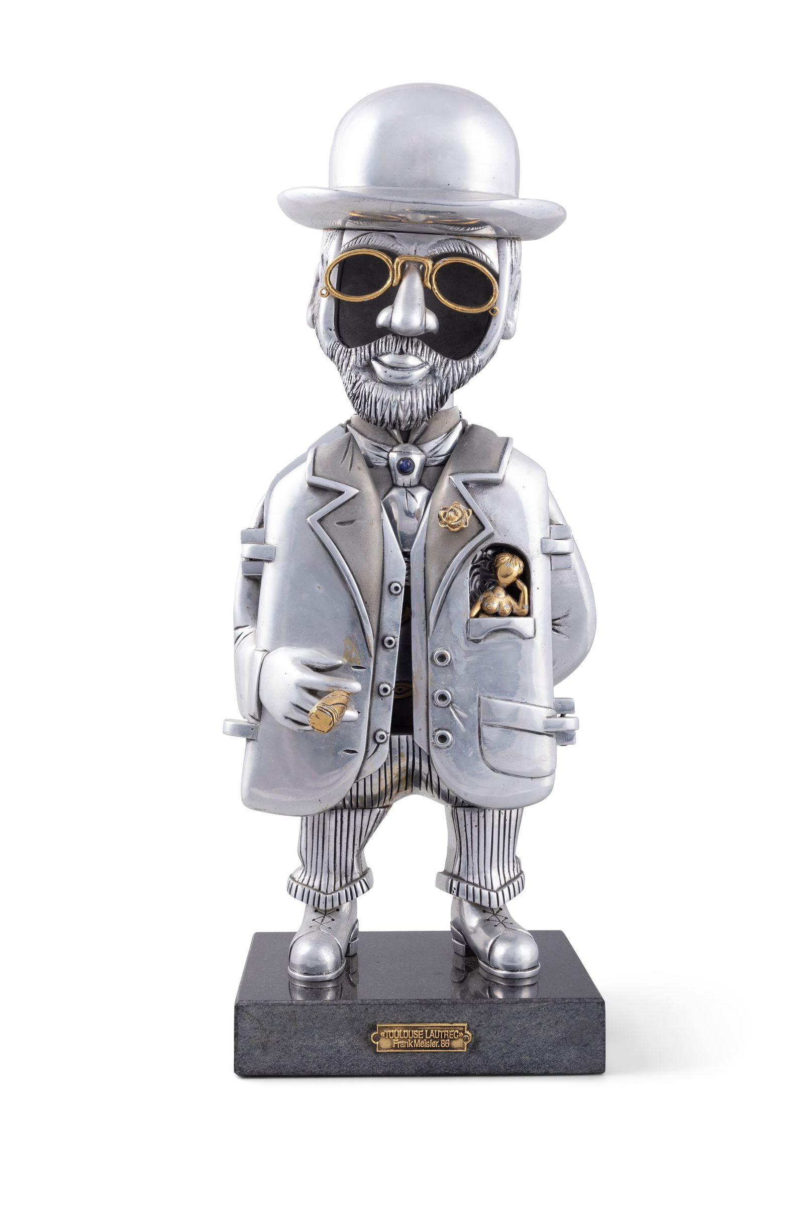 FRANK MEISLER (1929-2018)  Toulouse Lautrec Silver and gold plate on black marble base, 56cm high (1 of 7)