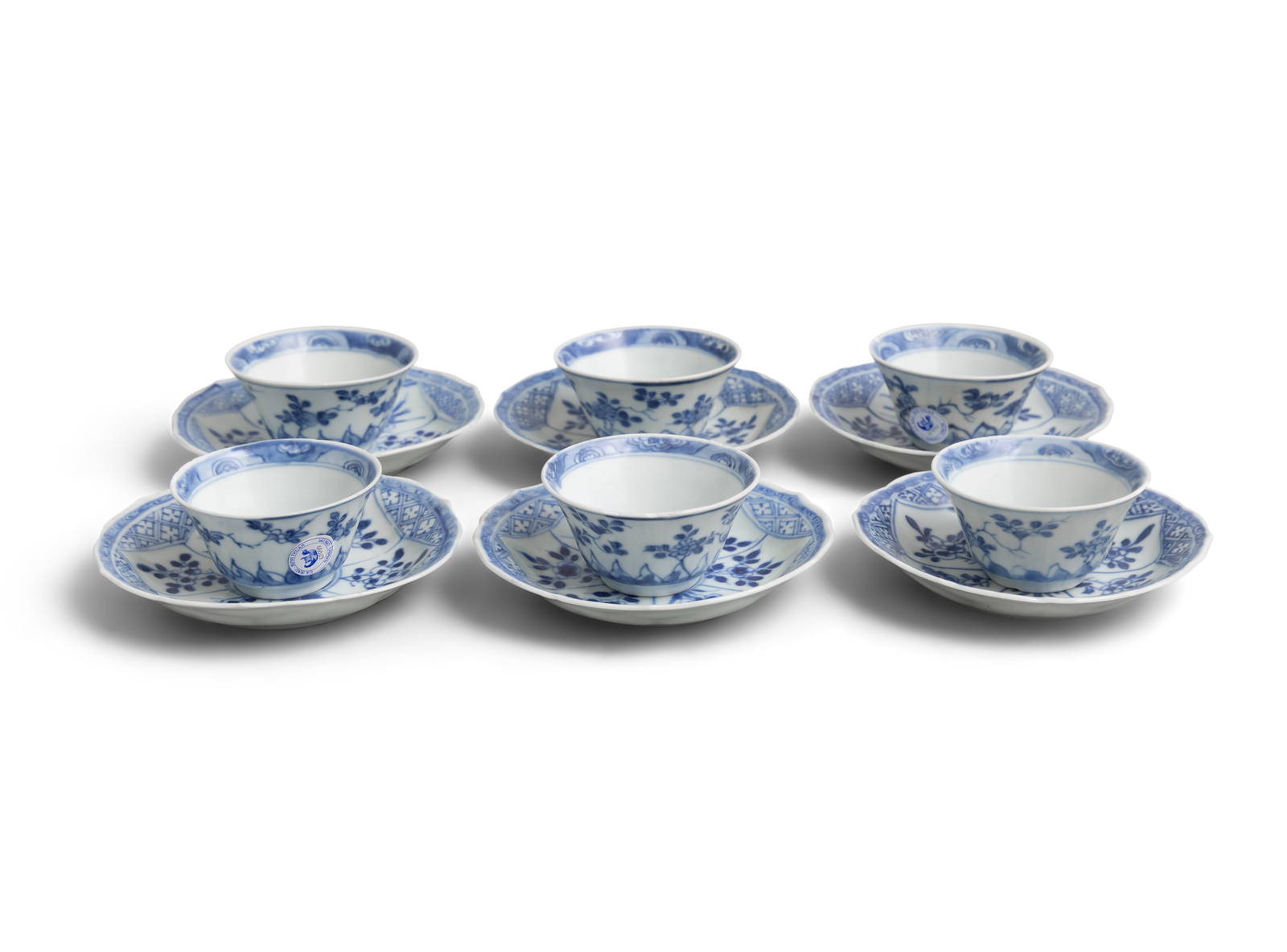 SIX ‘PETAL AND DIAPER’ PATTERN BLUE AND WHITE TEABOWLS AND SAUCERS China, Yongzheng