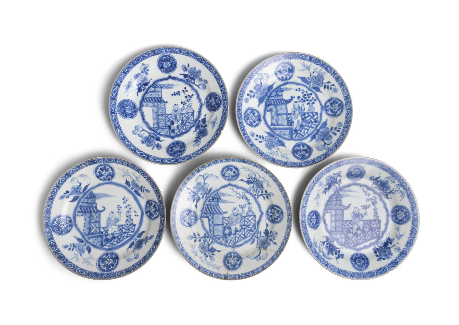 FIVE ‘BOY ON A BALCONY’ PATTERN BLUE AND WHITE DISHES China, Yongzheng period, circa