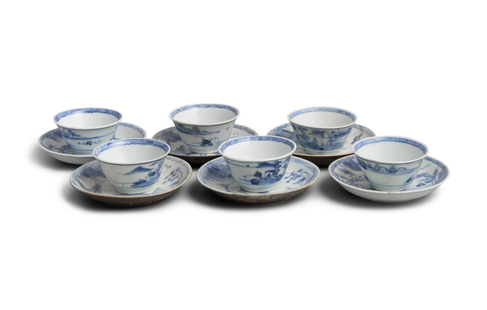 SIX BLUE AND WHITE ‘FISHERMAN’ PATTERN TEABOWLS AND ‘SCHOLAR CROSSING’