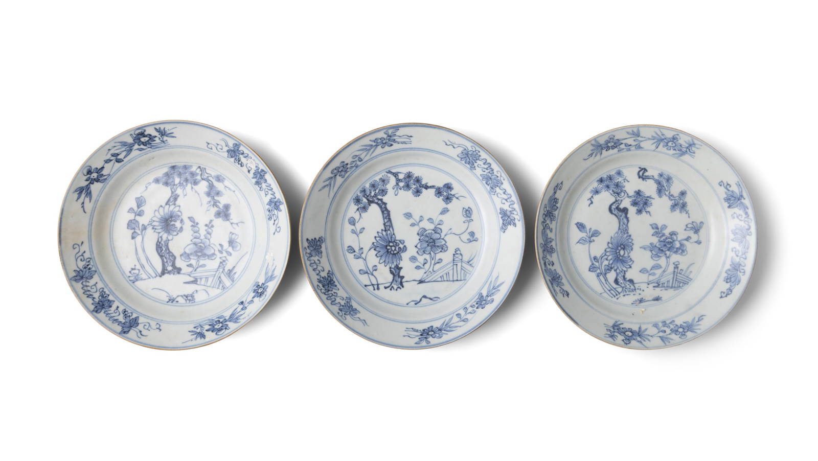 THREE ‘FLOWERS AND BALUSTRADE’ PATTERN BLUE AND WHITE DISHES China, Yongzheng period,