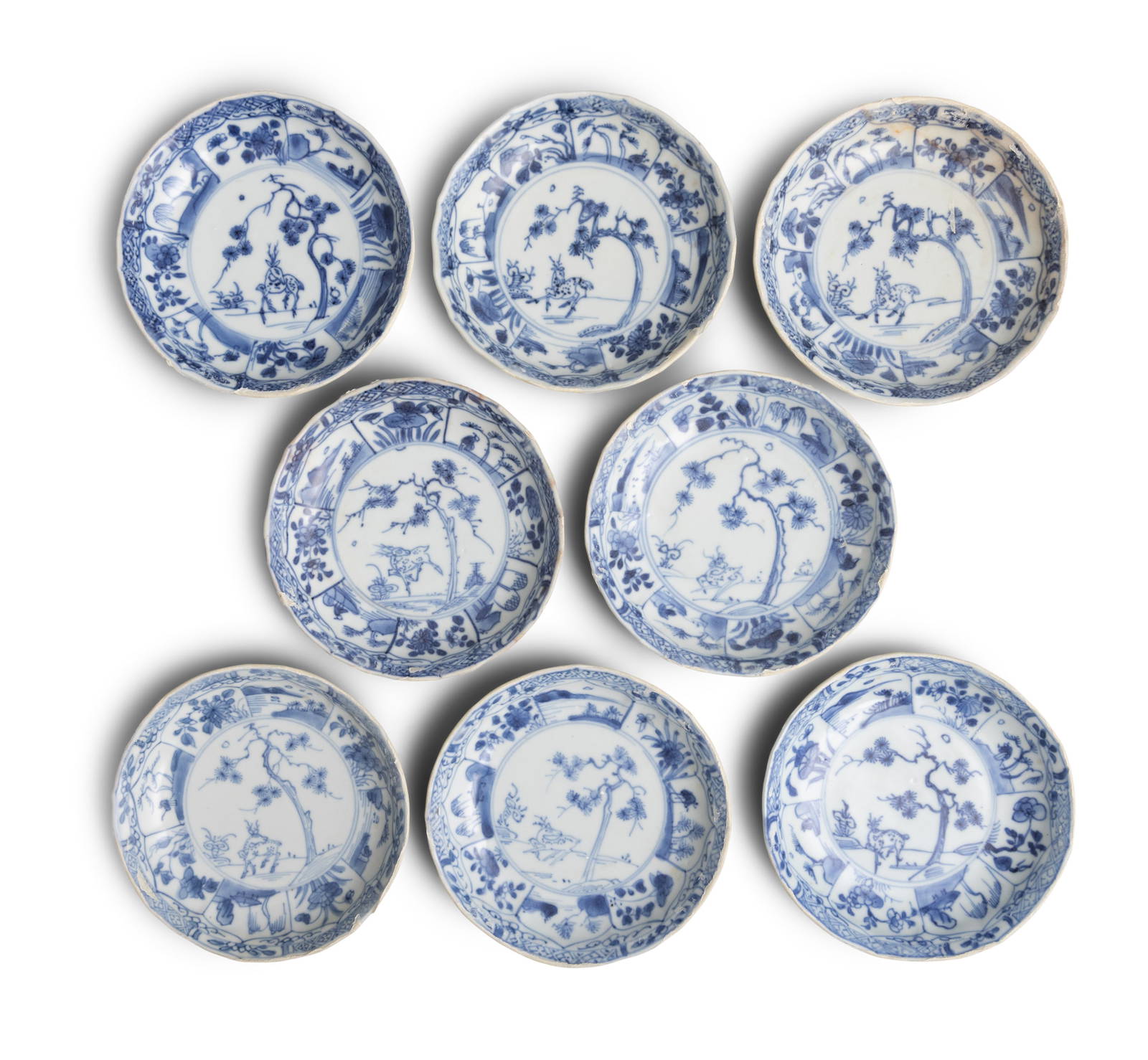 EIGHT ‘FALLOW DEER’ PATTERN BLUE AND WHITE SAUCERS China, Yongzheng period, circa 1725
