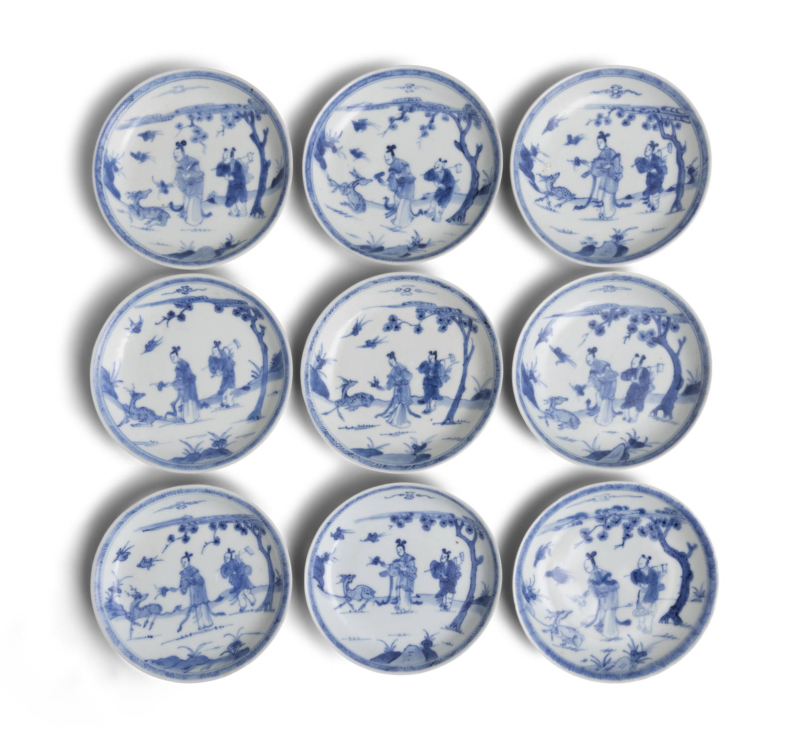 TEN ‘MAGU FEEDING A DEER’ PATTERN BLUE AND WHITE SAUCERS China, Yongzheng period, circa