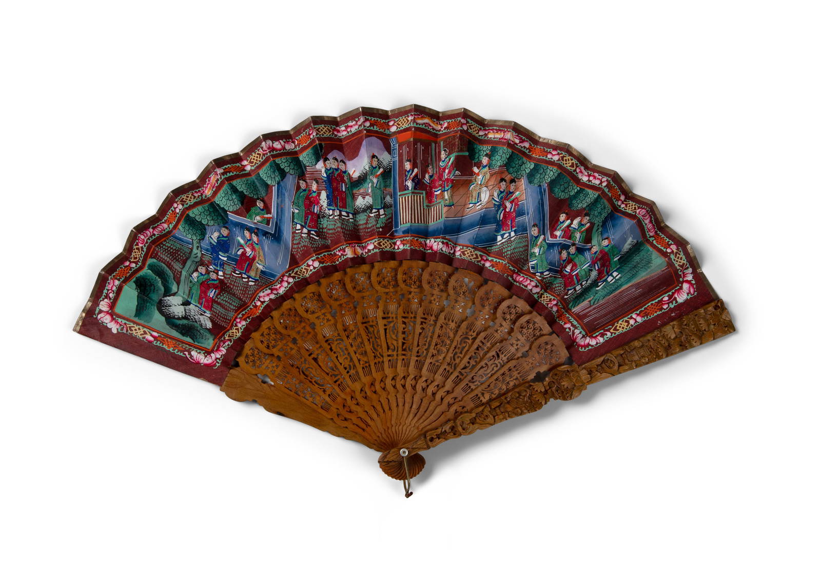 TWO CANTON BONE INLAID LACQUER FOLDING FANS 晚清 广作木彩