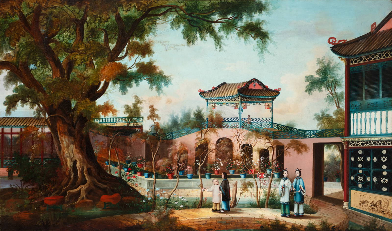 A CHINESE CANTON EXPORT OIL PAINTING China, mid-19th century Painted with two ladies accompanied