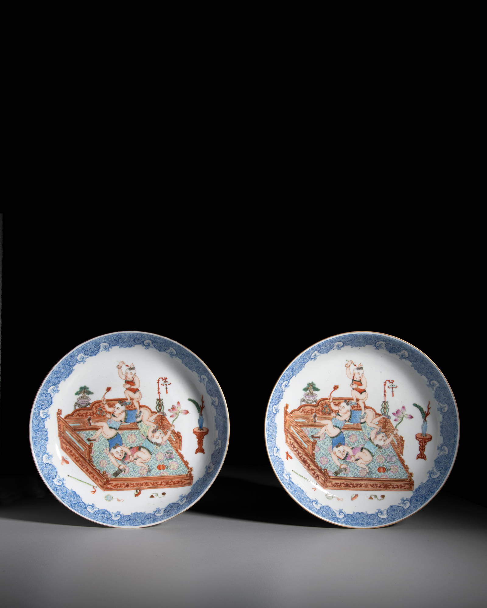 A FINELY PAINTED FAMILLE ROSE ‘FIVE BOYS AT PLAY’ DISH, WITH ‘JIAZI DUO FU DUO