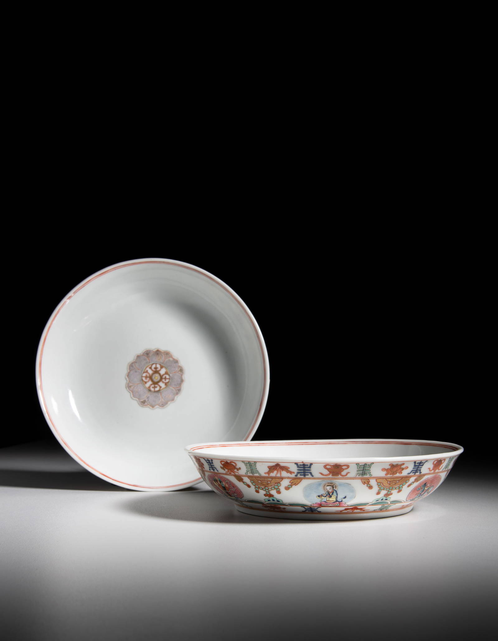 A RARE PAIR OF FAMILLE-ROSE ‘SEVEN TREASURES AND EIGHT AUSPICIOUS EMBLEMS’ DISHES,