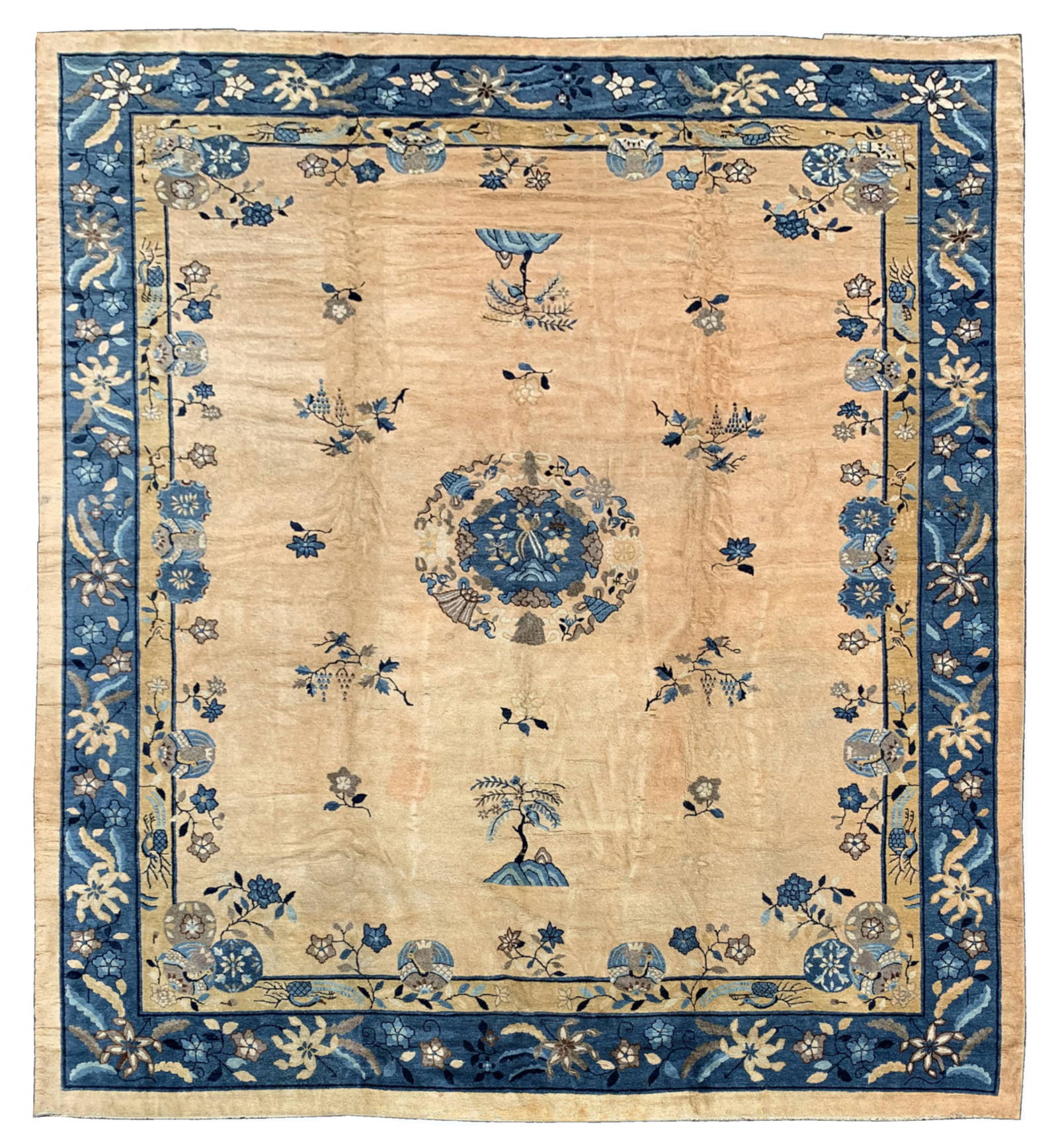 A BLUE AND YELLOW SILK CARPET 晚清 花鸟纹地毯 China,