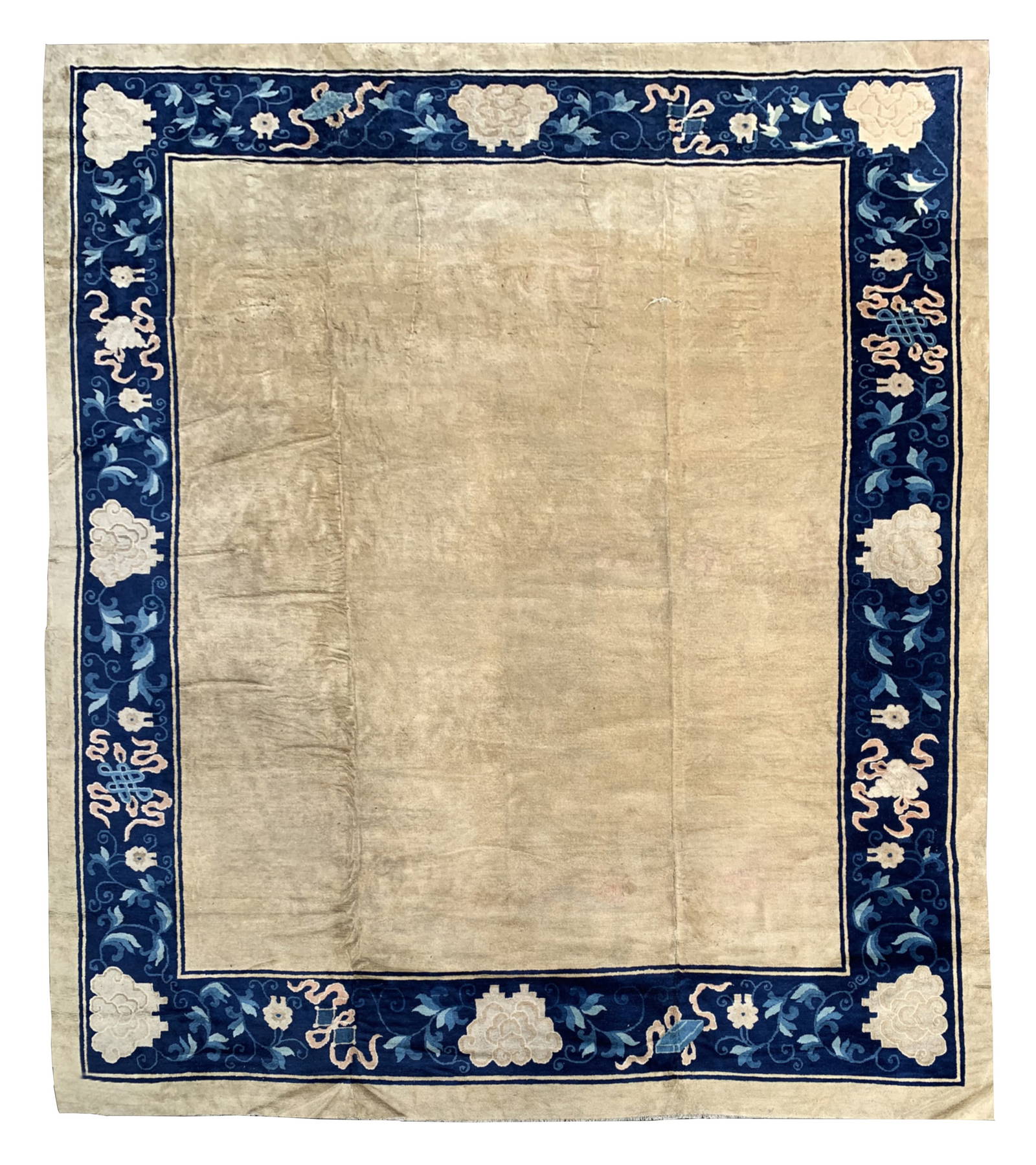 A BLUE AND PALE YELLOW SILK CARPET 晚清 石青、月白色