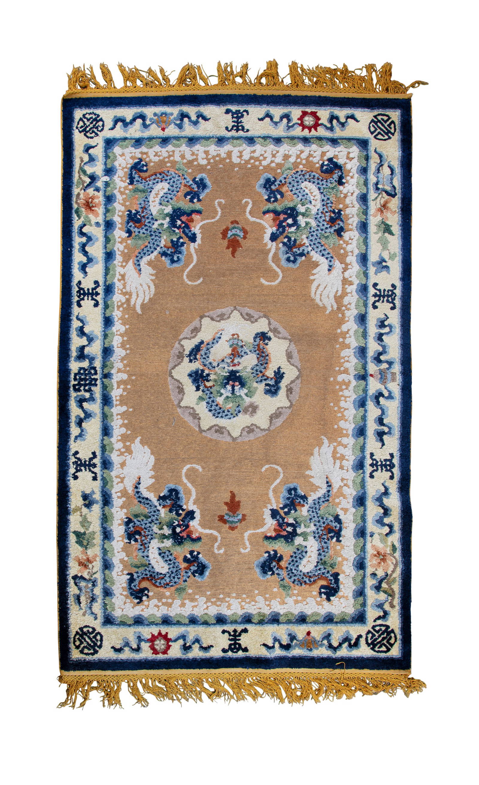 A WOOL AND GOLD THREAD 'FIVE DRAGON' CARPET 20世纪 黄地金线