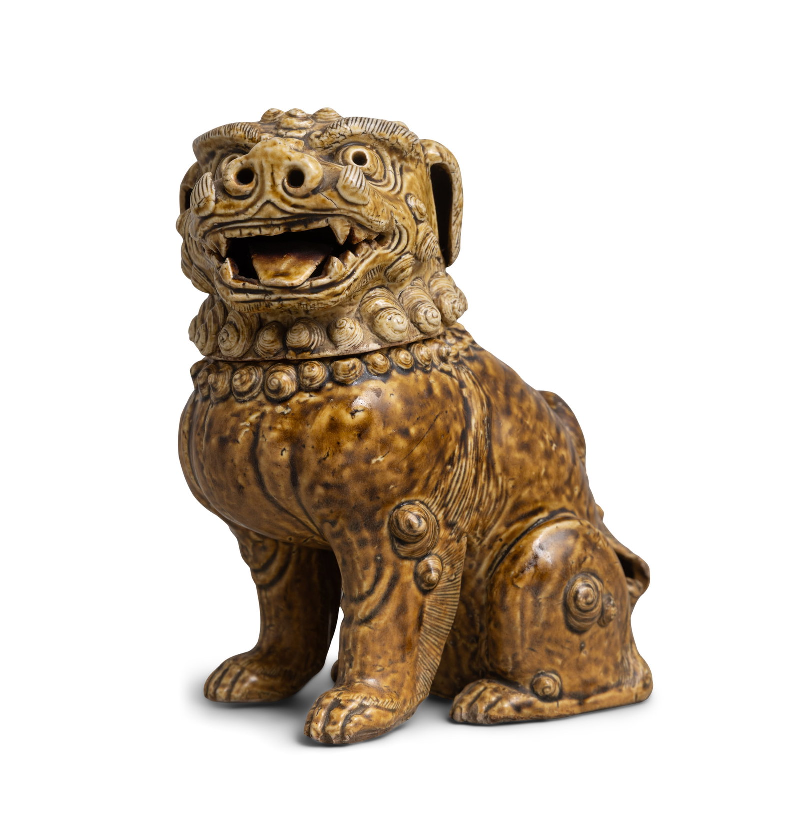 A BROWN GLAZED LION SHAPE INCENSE BURNER 明代 棕釉坐狮形: A BROWN GLAZED LION SHAPE INCENSE BURNER 明代 棕釉坐狮形香炉 China, Ming dynasty H.18cm