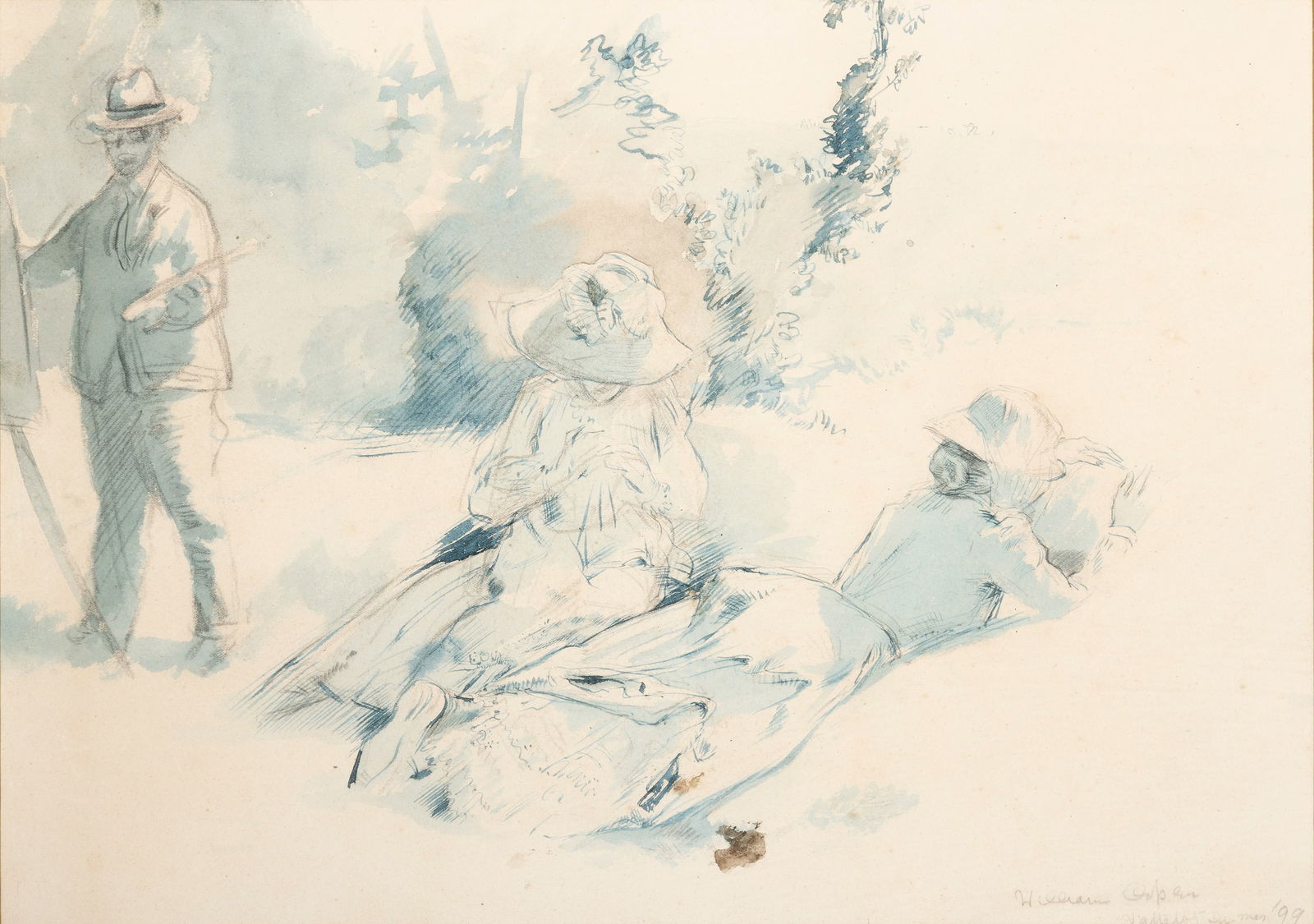 Sir William Orpen RA RHA (1876-1931) En Plein Air (1899) Watercolour, 30 x 42cm (11_ x 16_''): Sir William Orpen RA RHA (1876-1931) En Plein Air (1899) Watercolour, 30 x 42cm (11_ x 16_'') Signed, inscribed and dated (18)'99Painted when William Orpen was in his early twenties, this lively water