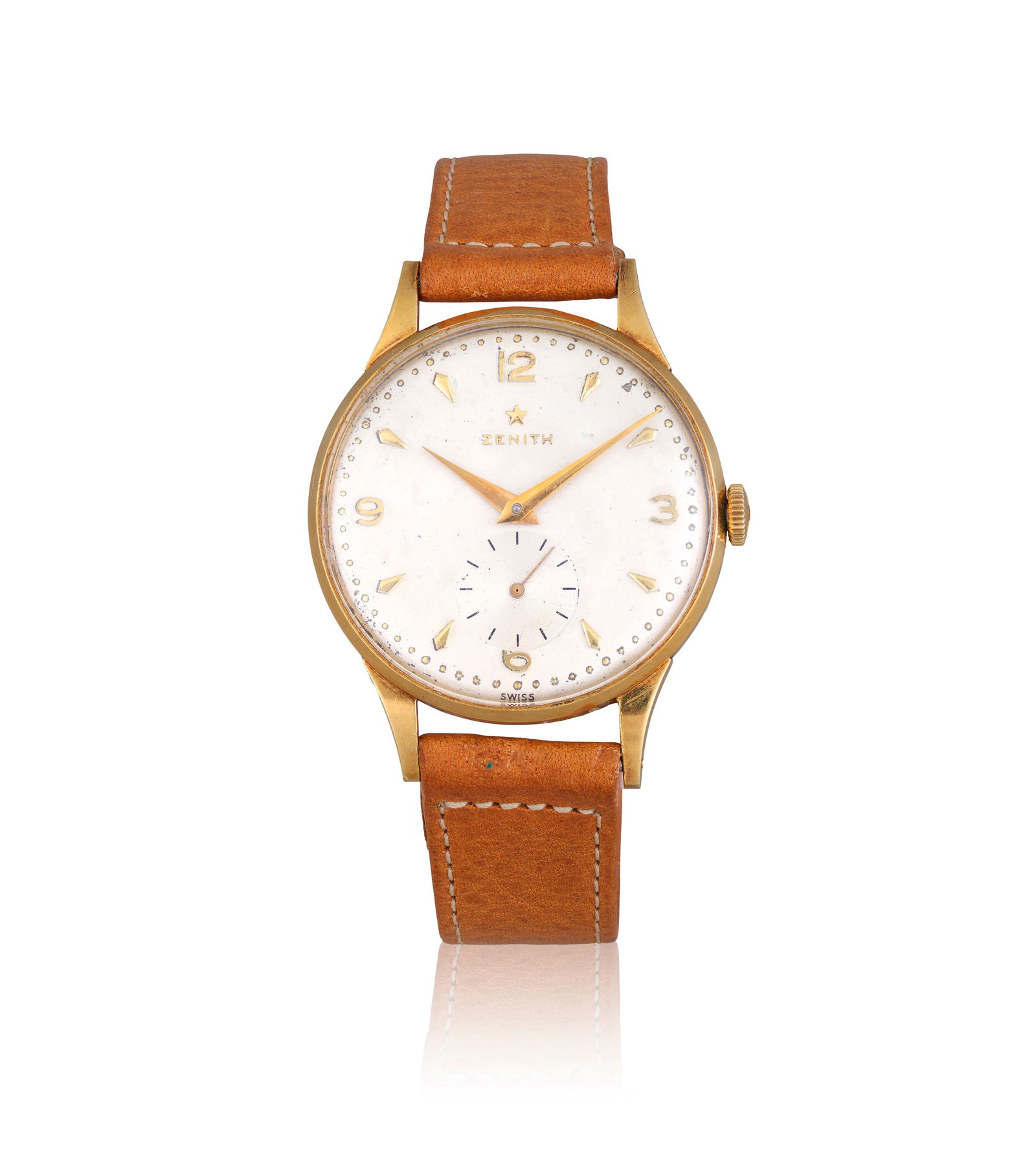 ZENITH VINTAGE, 18K YELLOW GOLD A vintage 18K yellow gold manual-wind wristwatch with subsidiary se: ZENITH VINTAGE, 18K YELLOW GOLD A vintage 18K yellow gold manual-wind wristwatch with subsidiary seconds. Year: Circa 1950s Dial: Silvered dial with applied Arabic numerals and triangular hour markers