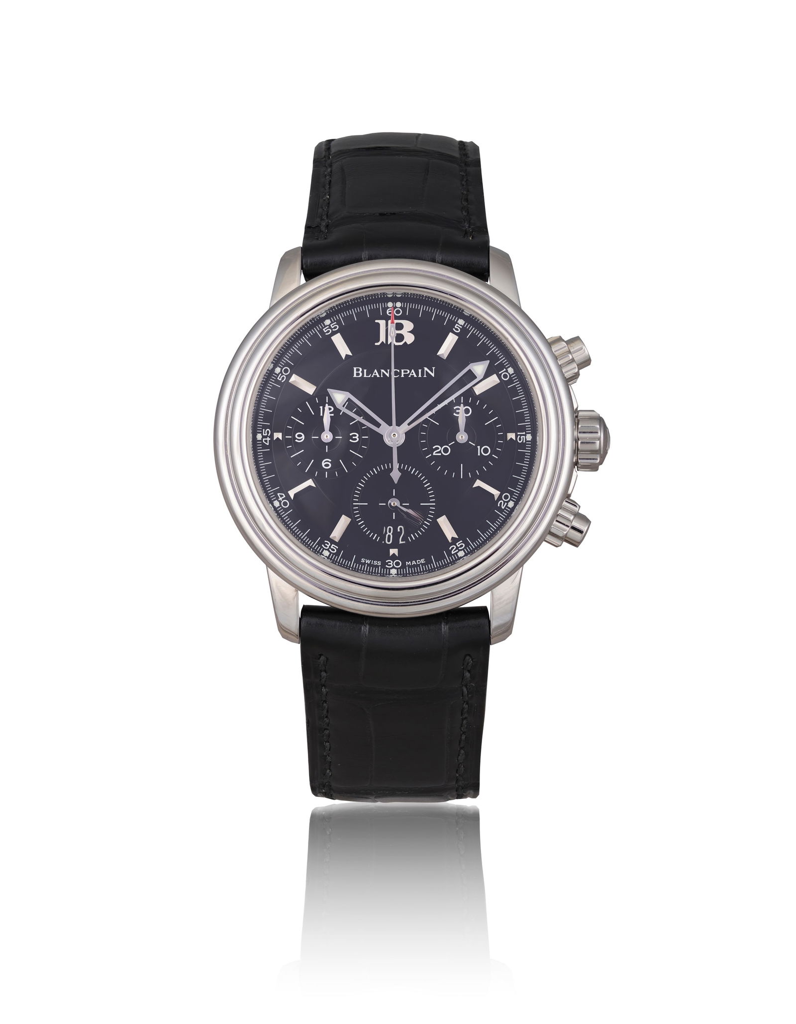 BLANCPAIN LEMAN FLYBACK CHRONOGRAPH, REF. 2185F, STAINLESS STEEL A stainless steel automatic flybac: BLANCPAIN LEMAN FLYBACK CHRONOGRAPH, REF. 2185F, STAINLESS STEEL A stainless steel automatic flyback chronograph wristwatch with date. Year: Circa 2000s Dial: Black dial with luminous indexes, three s