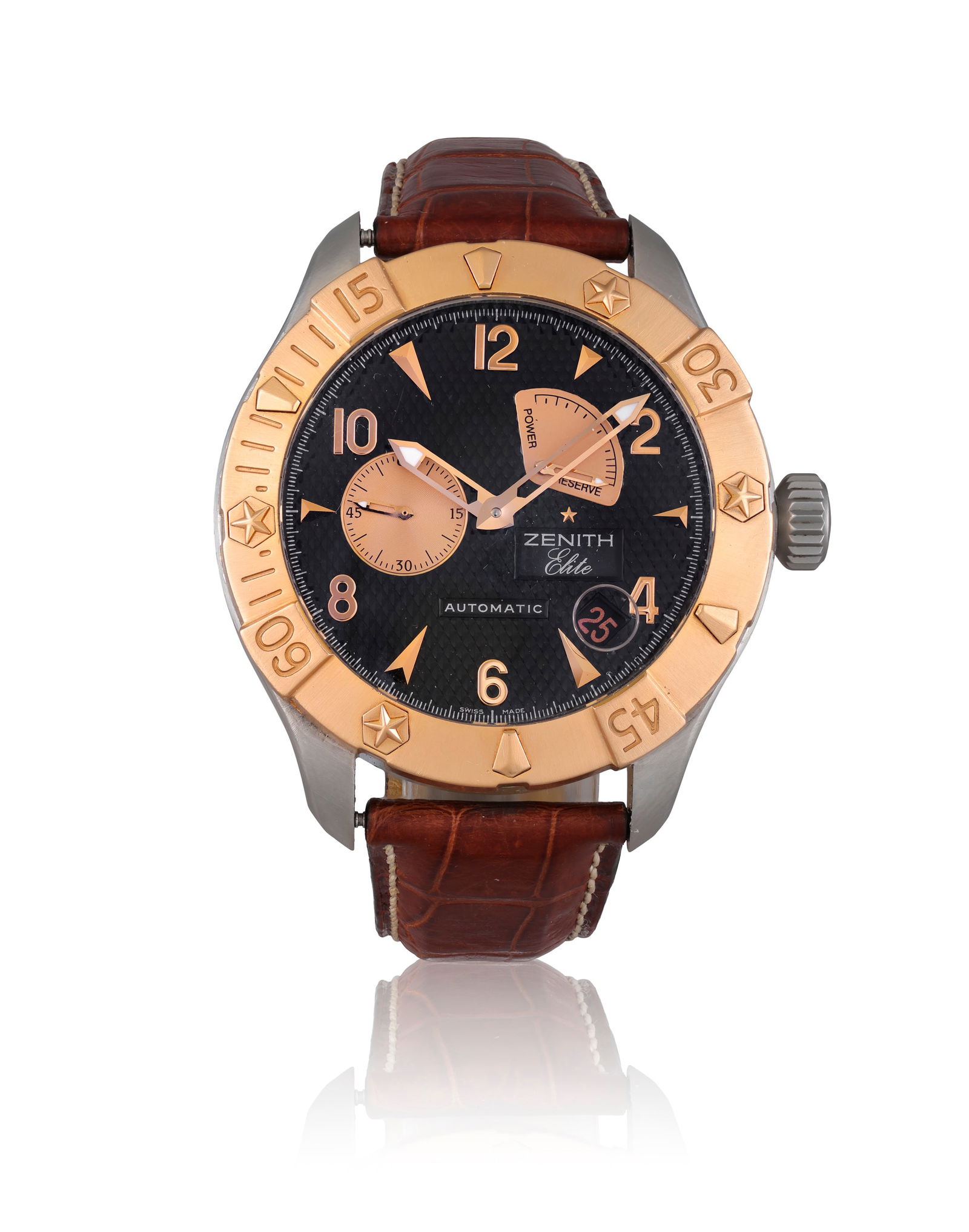 ZENITH REF. 86.0516.685, DEFY ELITE An attractive, stainless steel and rose gold self-winding wrist: ZENITH REF. 86.0516.685, DEFY ELITE An attractive, stainless steel and rose gold self-winding wristwatch with power reserve and date. Year : 2011 Dial : Black with gold applied arabic numerals and arr