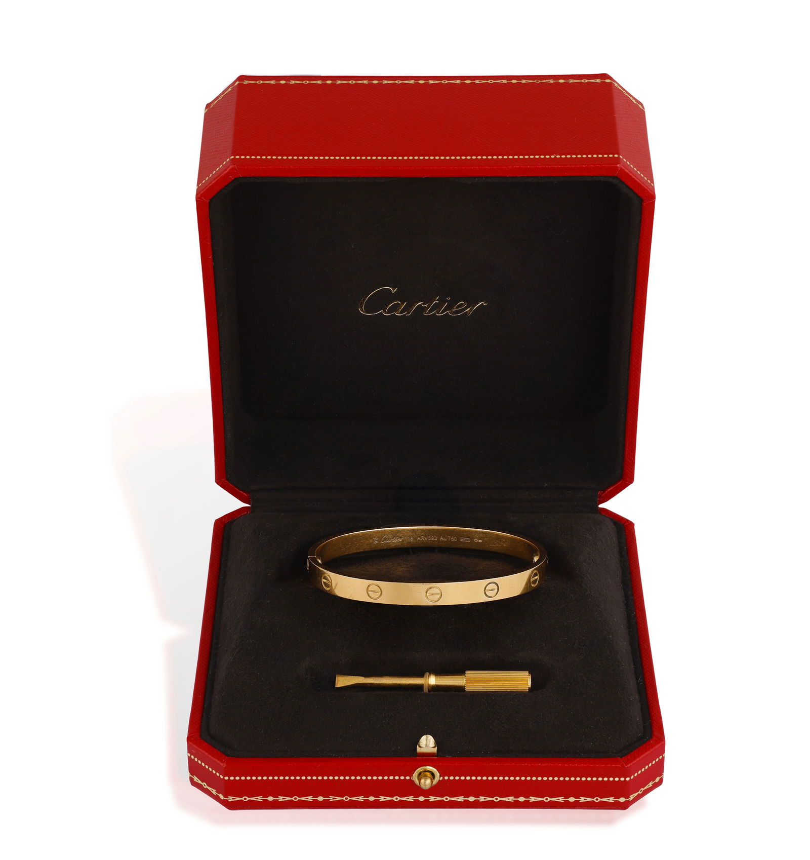 CARTIER: AN 18K GOLD ‘LOVE’ BRACELET  The hinged bangle decorated with screw motifs, in (1 of 4)