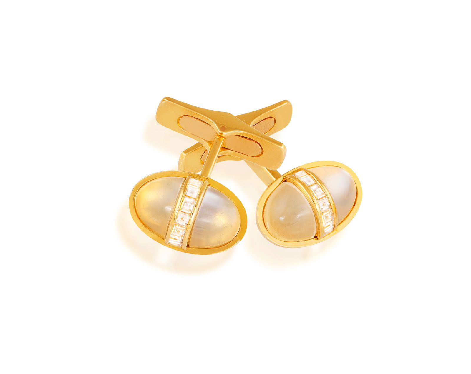 CARLO ILLARIO: A PAIR OF MOONSTONE AND DIAMOND CUFFLINKS Each oval-shaped moonstone cabochon,: CARLO ILLARIO: A PAIR OF MOONSTONE AND DIAMOND CUFFLINKS Each oval-shaped moonstone cabochon, centring a line of square-cut diamonds, to a polished T-bar terminal, mounted in 18K gold, Italian registr