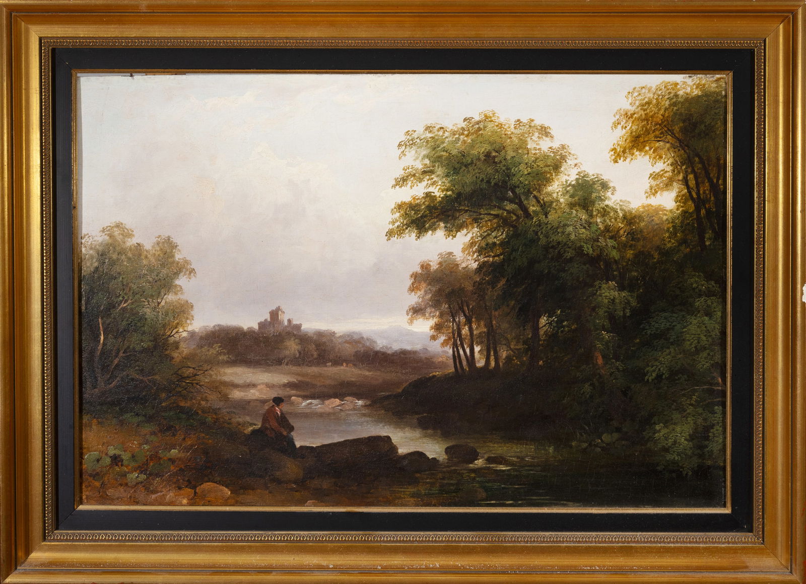 SAMUEL FREDERICK BROCAS (1792-1847) River Landscape with Figures sitting on a Rock, and Distant: SAMUEL FREDERICK BROCAS (1792-1847) River Landscape with Figures sitting on a Rock, and Distant Castle Oil on panel, 40.5 x 60.4cm Provenance: Collection of the Hon. Francis D. Murnaghan Jr., thence b