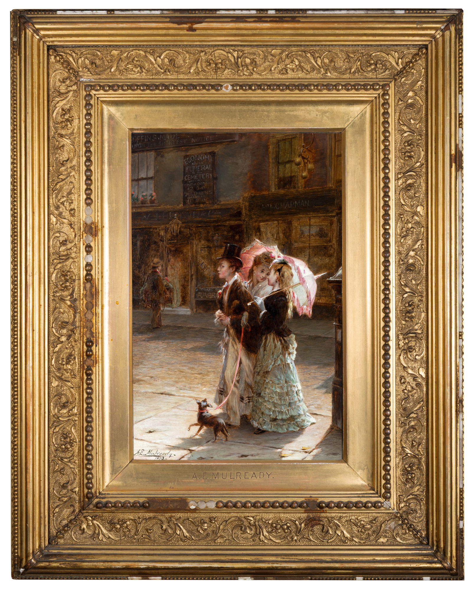 AUGUSTUS EDWIN MULREADY (1844-1904) Our Good Natured Cousin Oil on panel, 25 x 16cm Signed and: AUGUSTUS EDWIN MULREADY (1844-1904) Our Good Natured Cousin Oil on panel, 25 x 16cm Signed and dated 1873 A partially complete printed text describing the background to the scene is affixed verso : &#