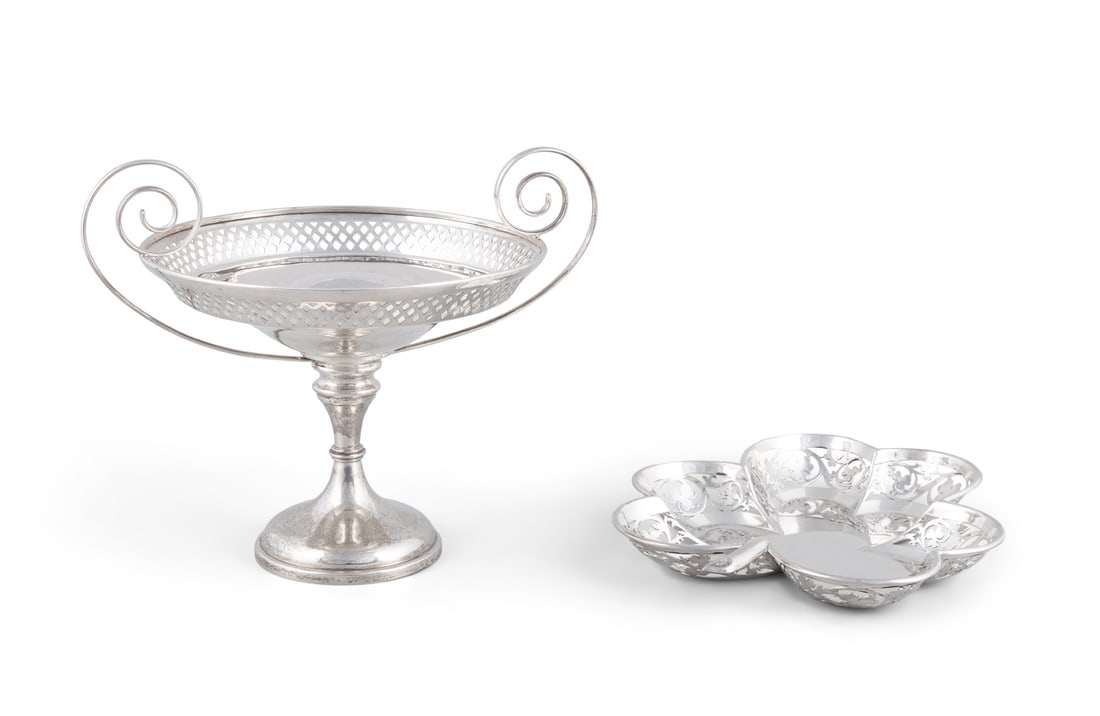 A SILVER DISH IN THE SHAPE OF A SHAMROCK,   Birmingham c.1908; together with a silver tazza,