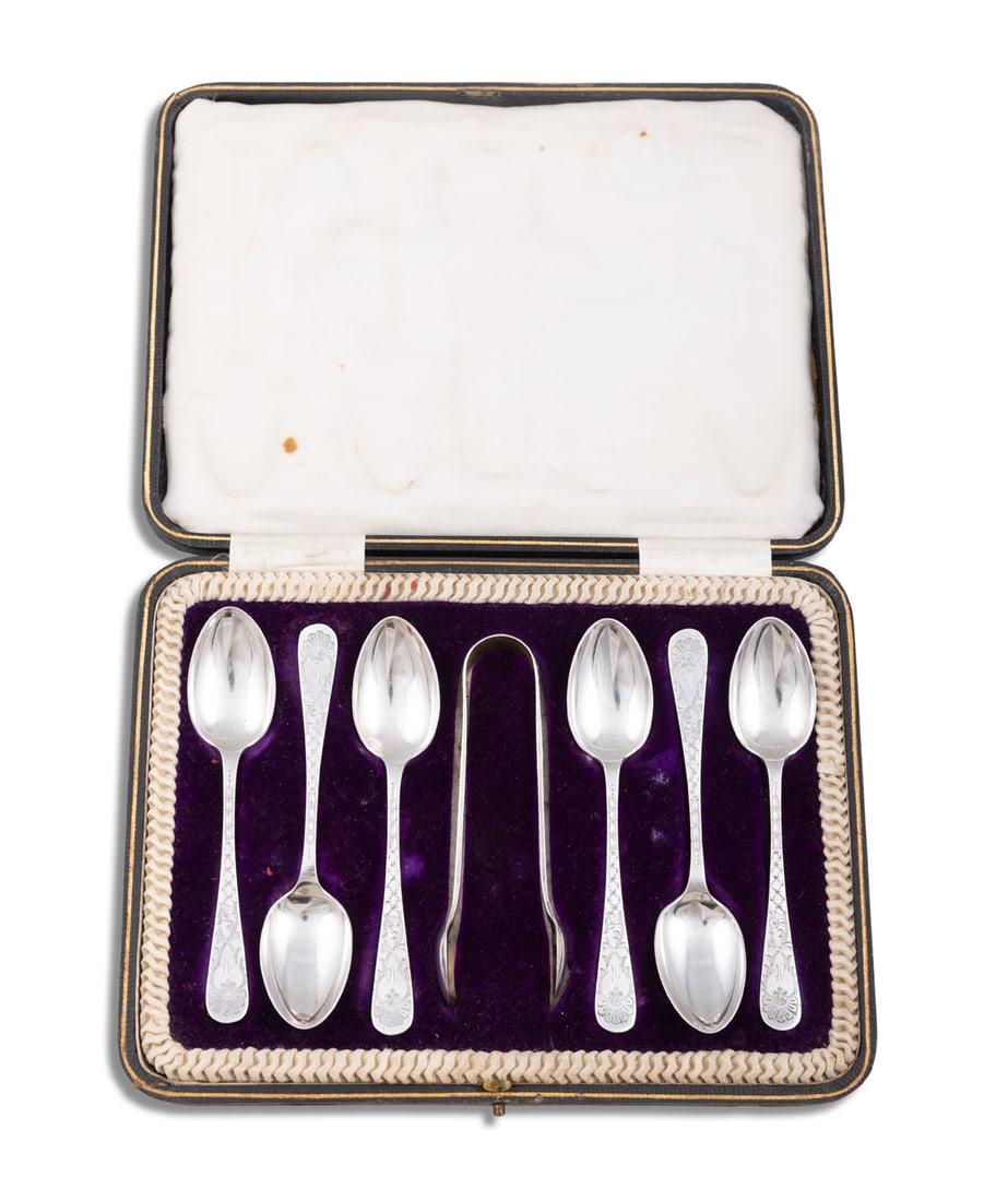A CASED SET OF SIX TEA SPOONS AND SUGAR TONGS Sheffield c.1903 mark of Cooper Brothers, with (1 of 4)