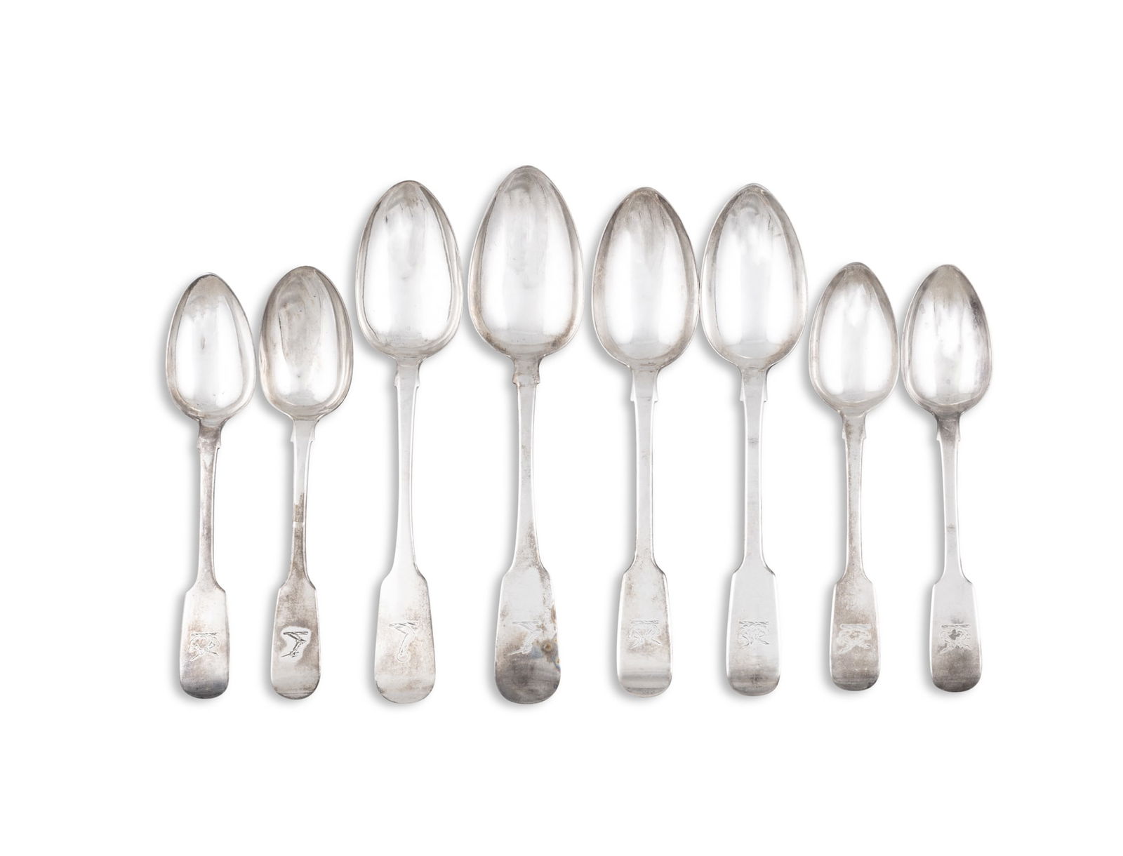A MATCHED COLLECTION OF EIGHT IRISH 19TH CENTURY FIDDLE PATTERN TABLE SPOONS Dublin, various dates (1 of 3)