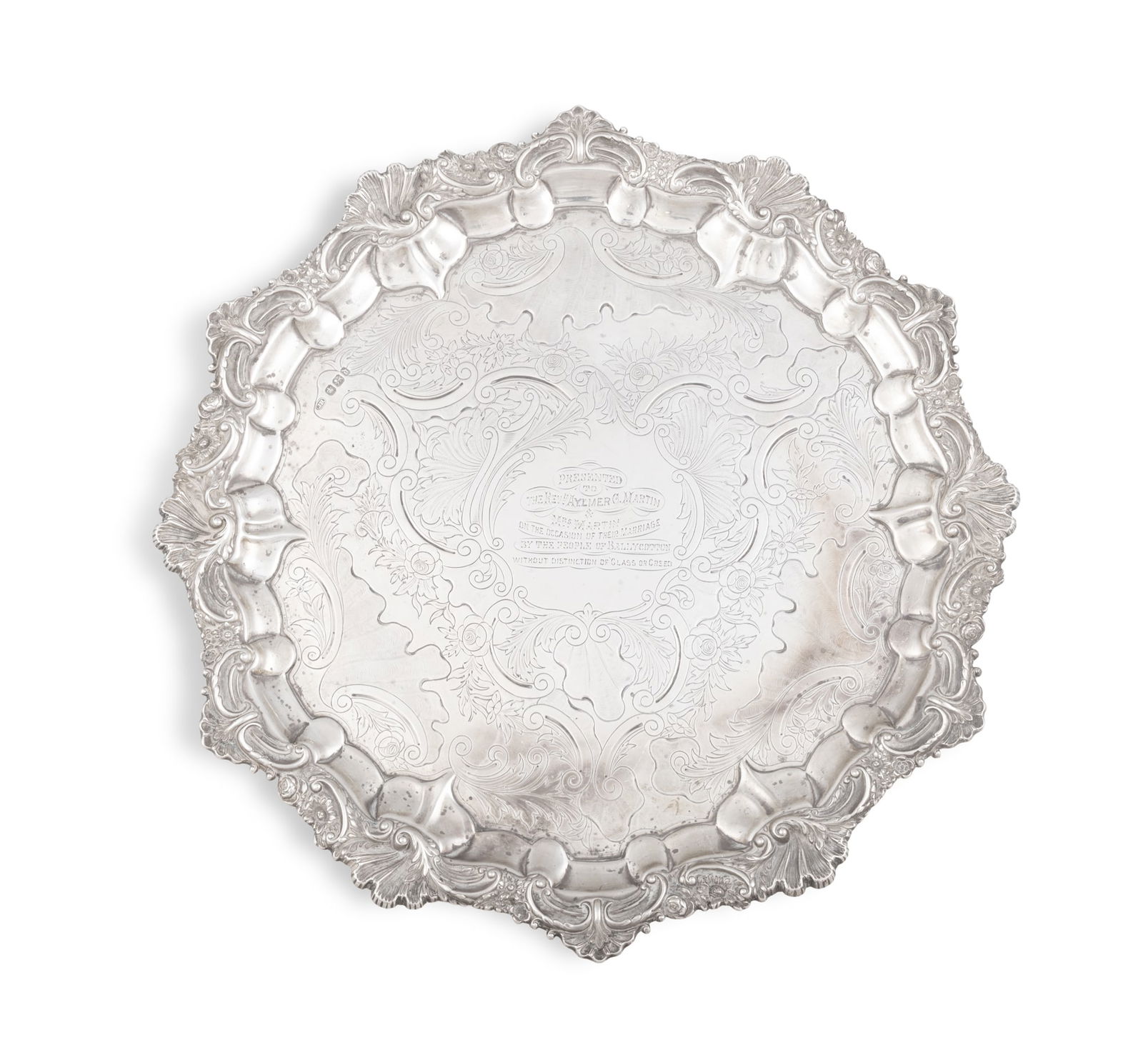 A VICTORIAN SILVER PRESENTATION SALVER, Sheffield 1896, mark of John Round & Son Ltd., of shaped (1 of 3)
